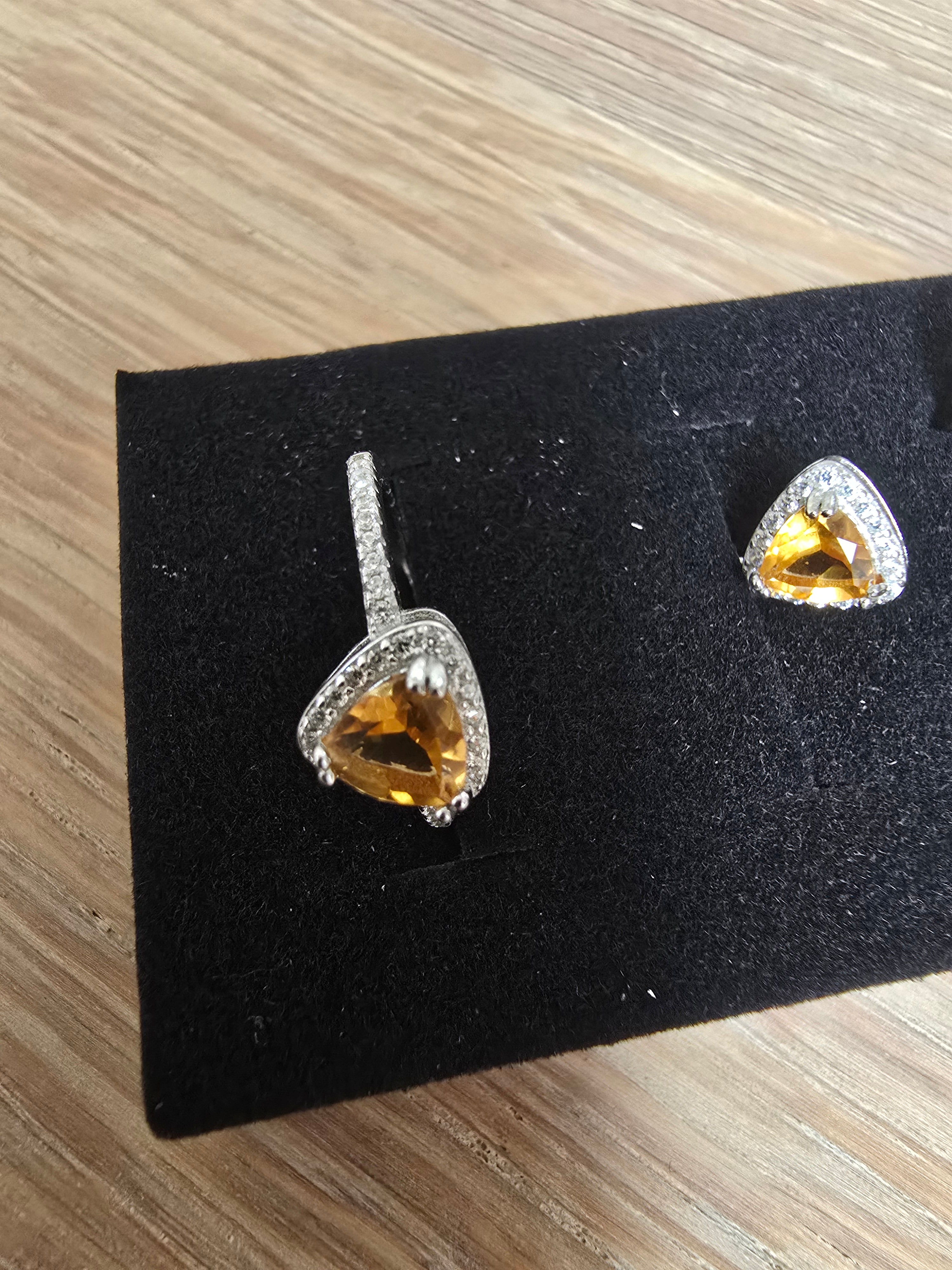 Natural Citrine Trillion Cut Jewellery Set – Ring, Pendant & Earrings | S925 Silver