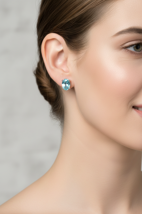 Aqua Blue Sapphire Earrings on Model