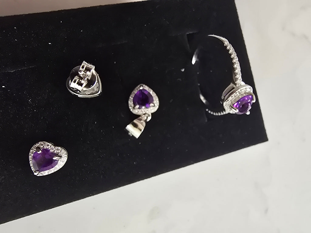 Natural Amethyst Heart Jewellery Set – S925 Silver