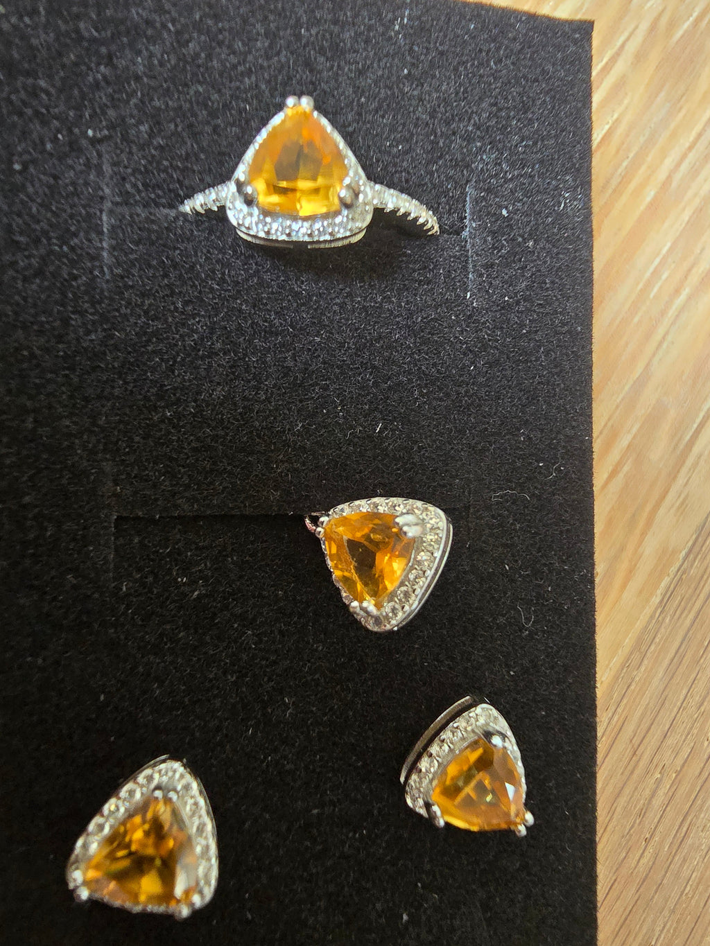 Natural Citrine Trillion Cut Jewellery Set – Ring, Pendant & Earrings | S925 Silver
