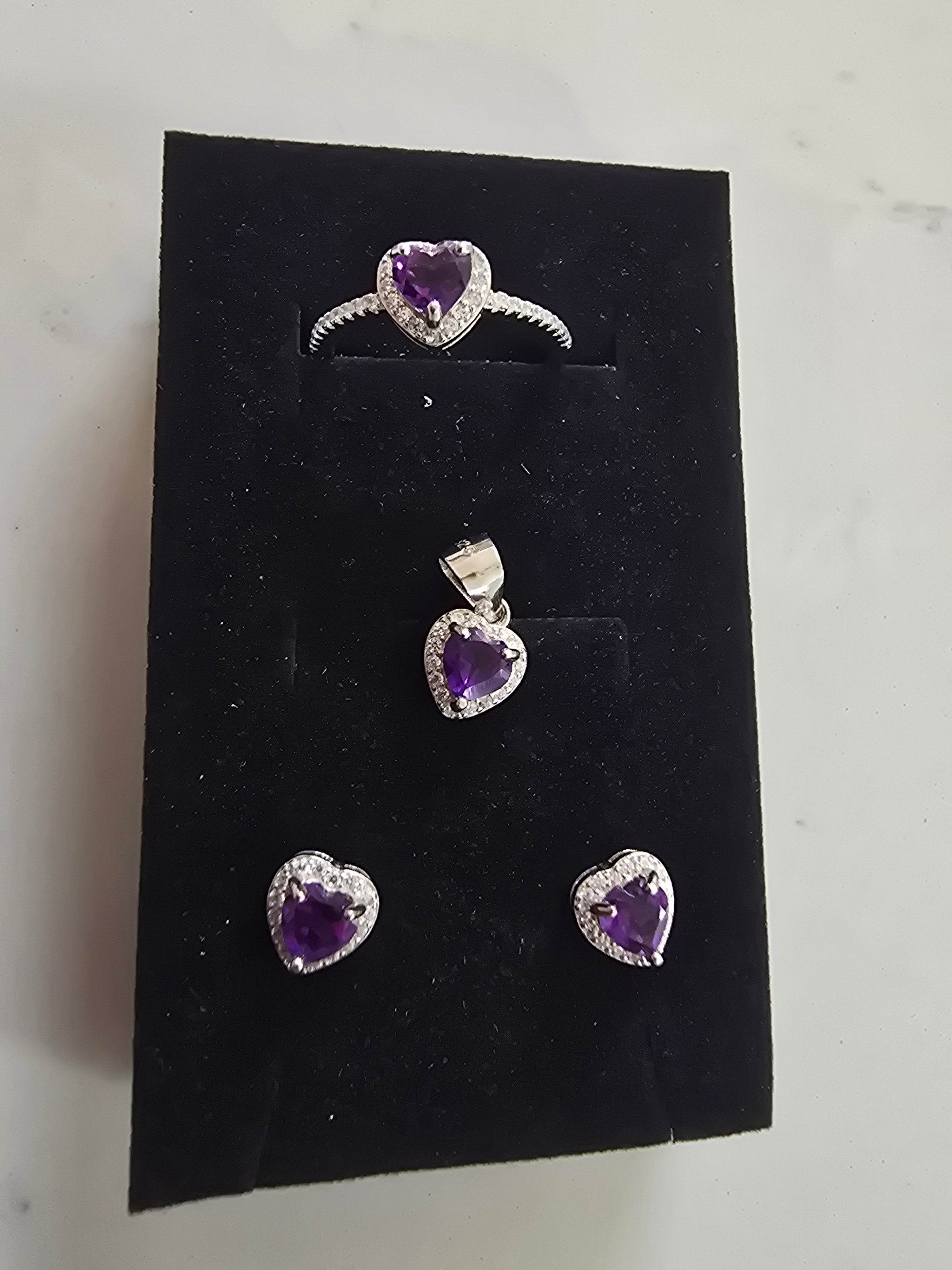 Natural Amethyst Heart Jewellery Set – S925 Silver