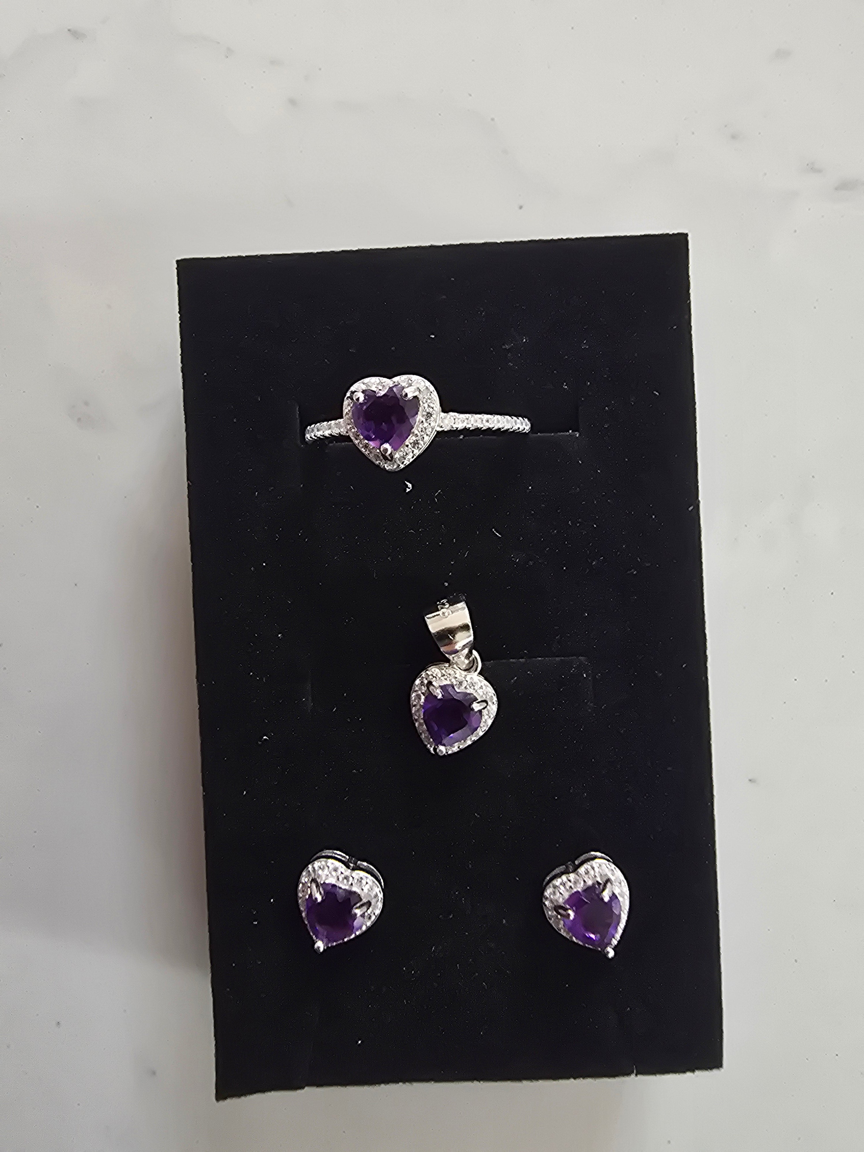 Natural Amethyst Heart Jewellery Set – S925 Silver