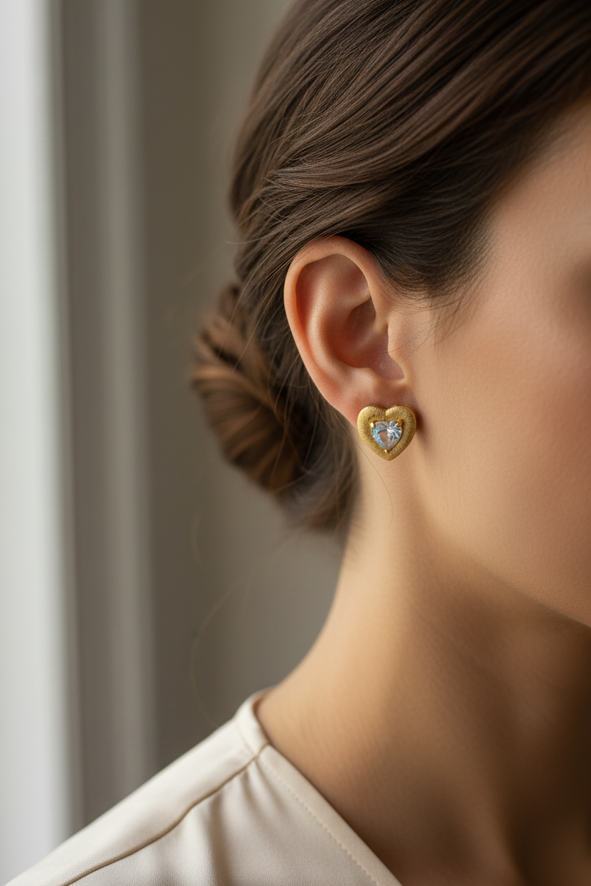 Moonstone Heart Stud Earrings - Model Wearing