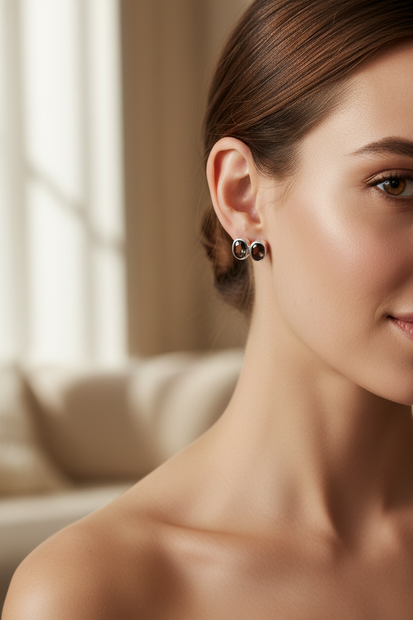 On-model Smoky Quartz Stud Earrings