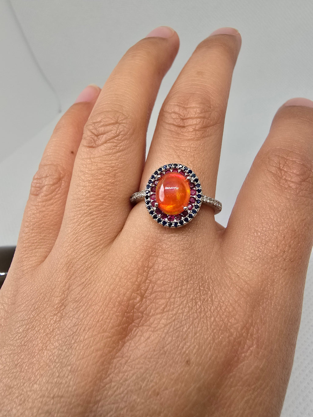 Natural Orange Fire Opal & Ruby Ring S925