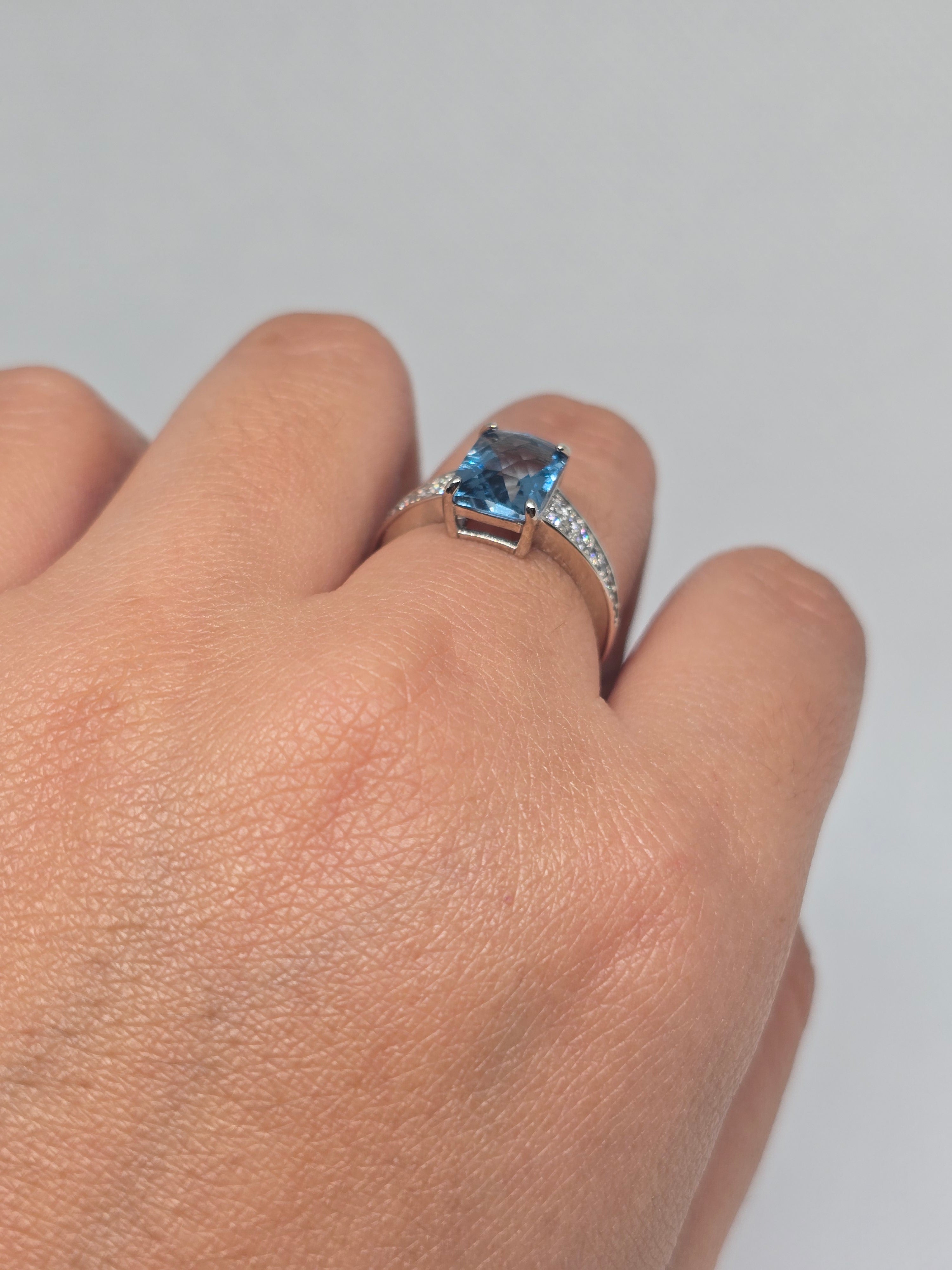 London Blue Topaz Cushion Cut Ring with White Topaz Pavé in S925 Silver