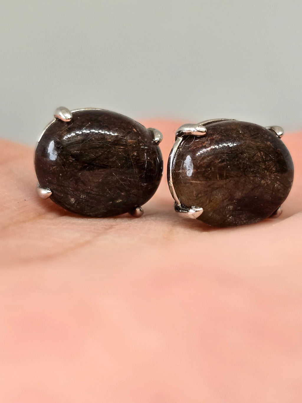 Black Rutile Quartz Stud Earrings – S925 Sterling Silver