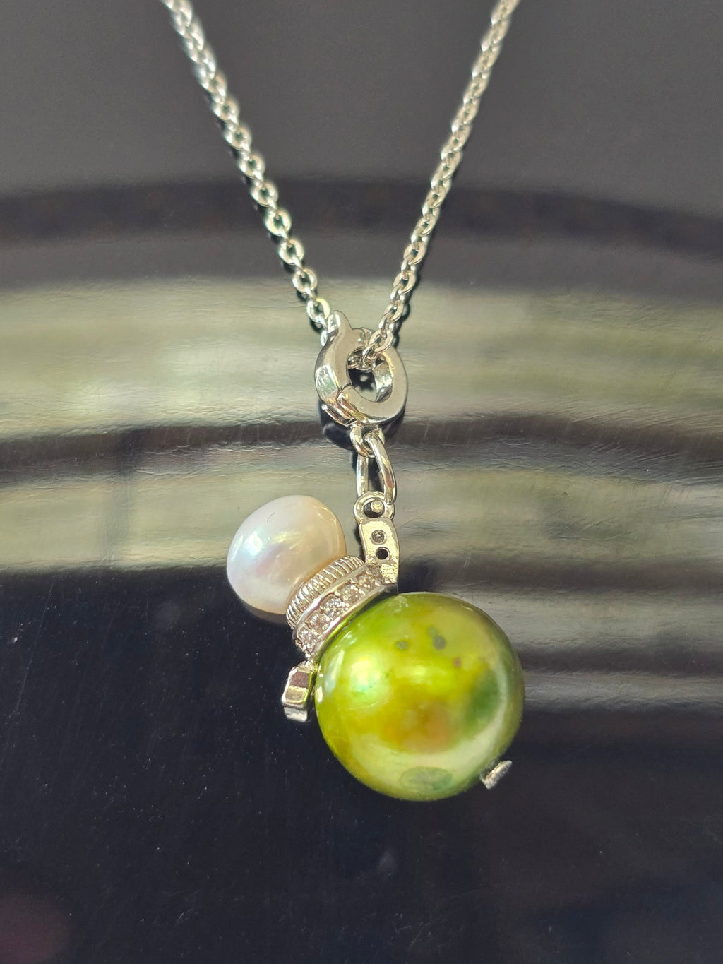 Pistachio Edison Pearl & White Freshwater Pearl Necklace | Adjustable S925 Bolo Chain