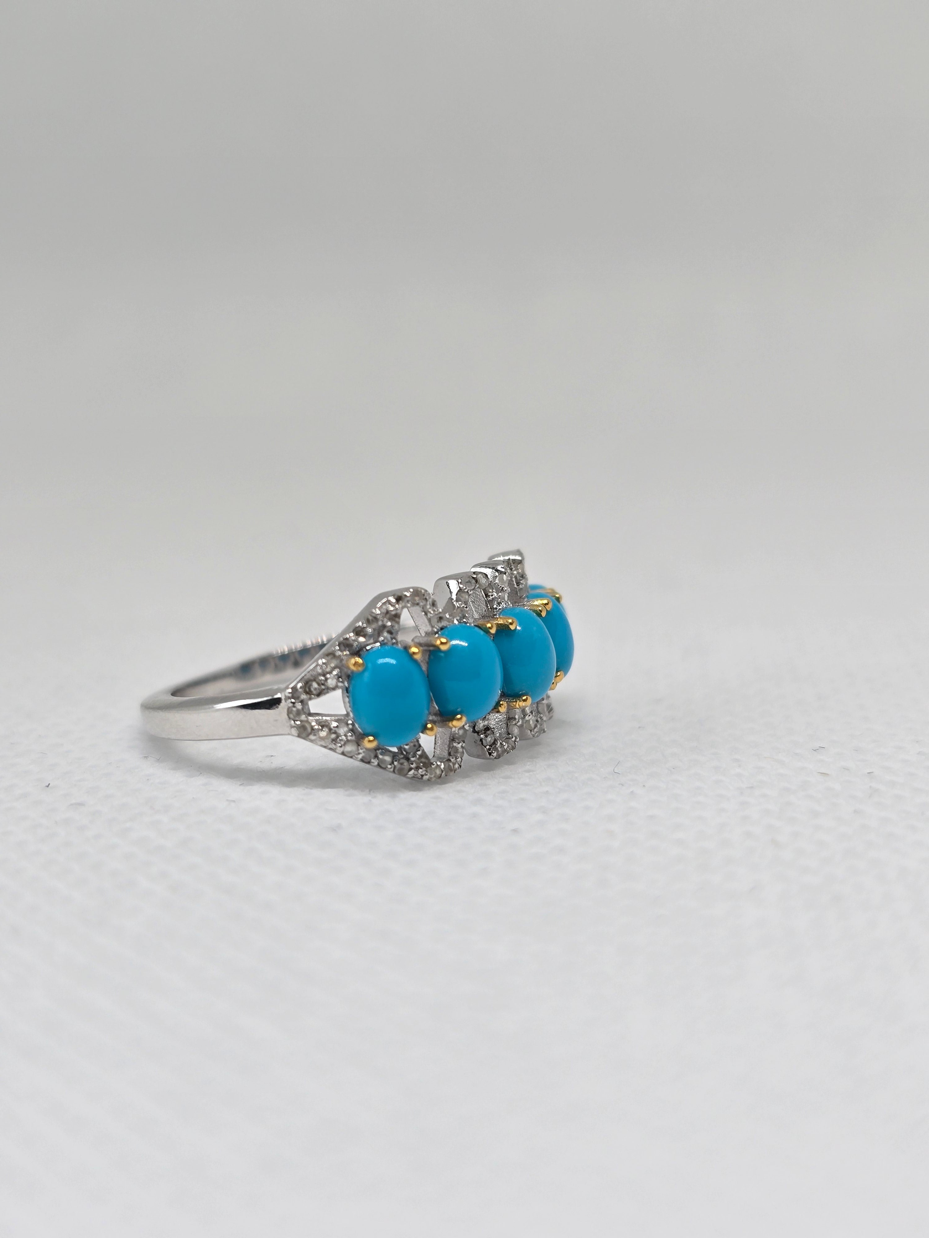 Natural Turquoise & Diamond Five-Stone Ring – S925 Sterling Silver | AGA Certified