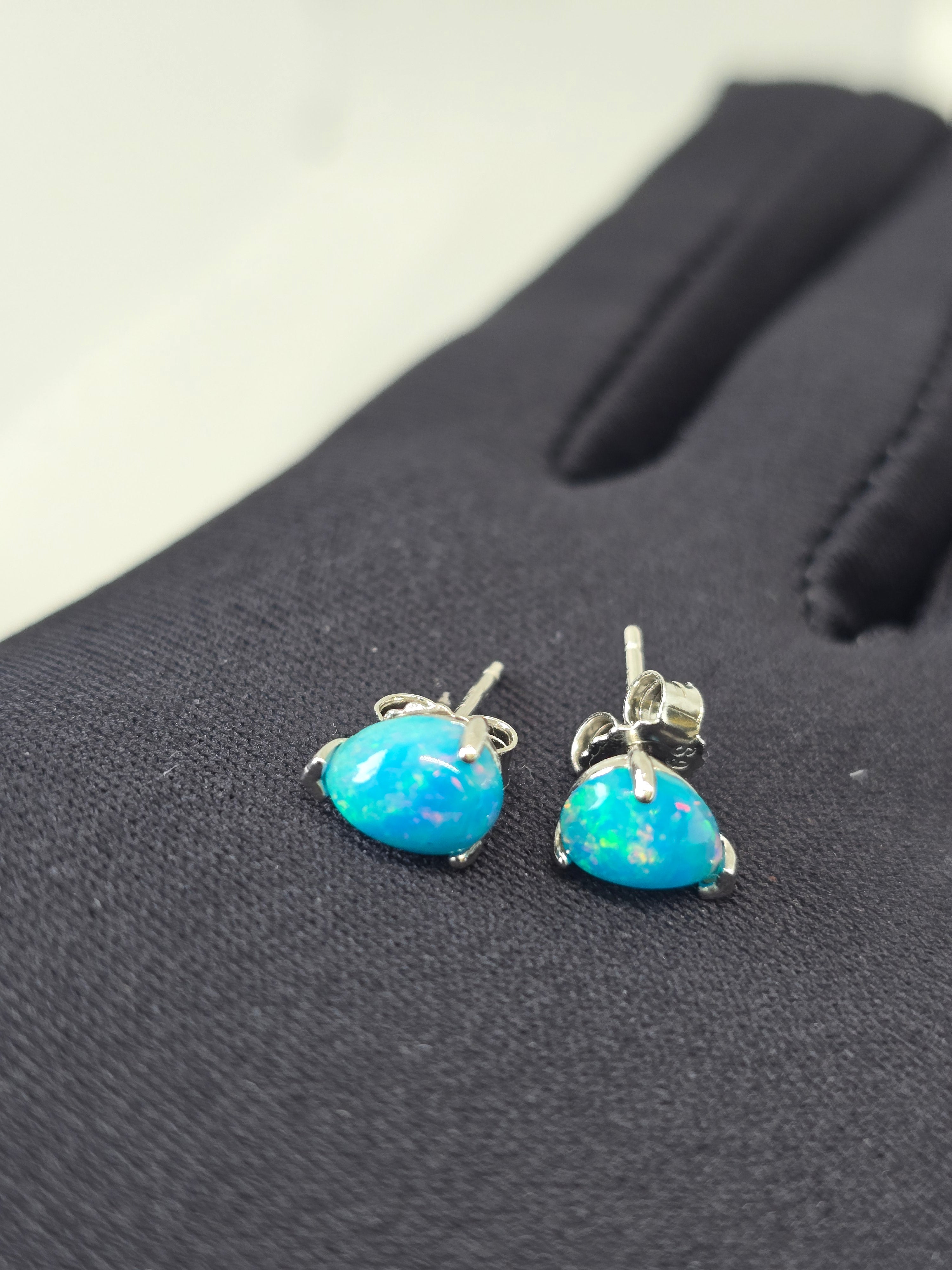 Blue Opal Teardrop Stud Earrings – S925 Sterling Silver