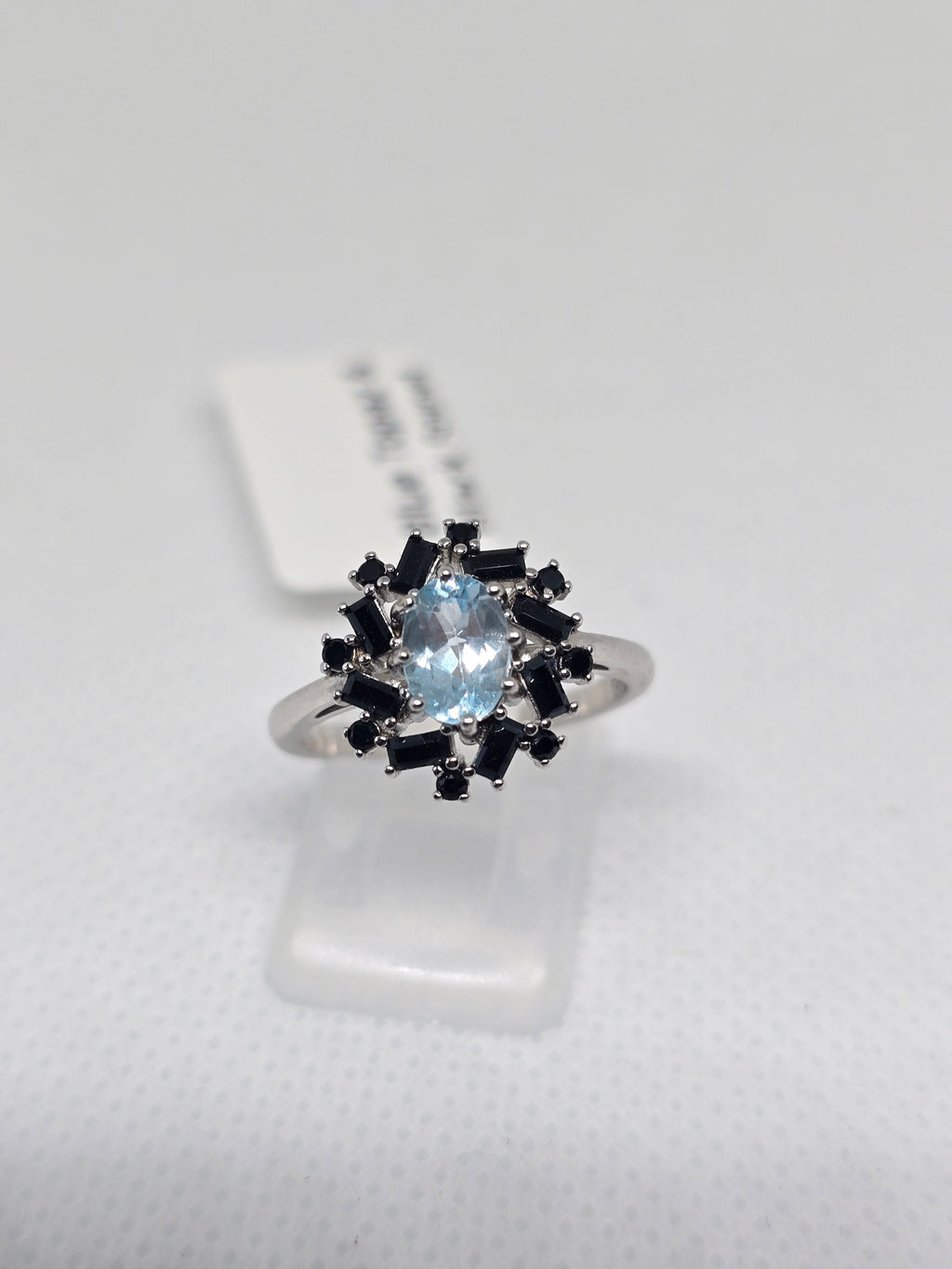 Blue Topaz & Black Spinel Starburst Halo Ring in S925 Silver