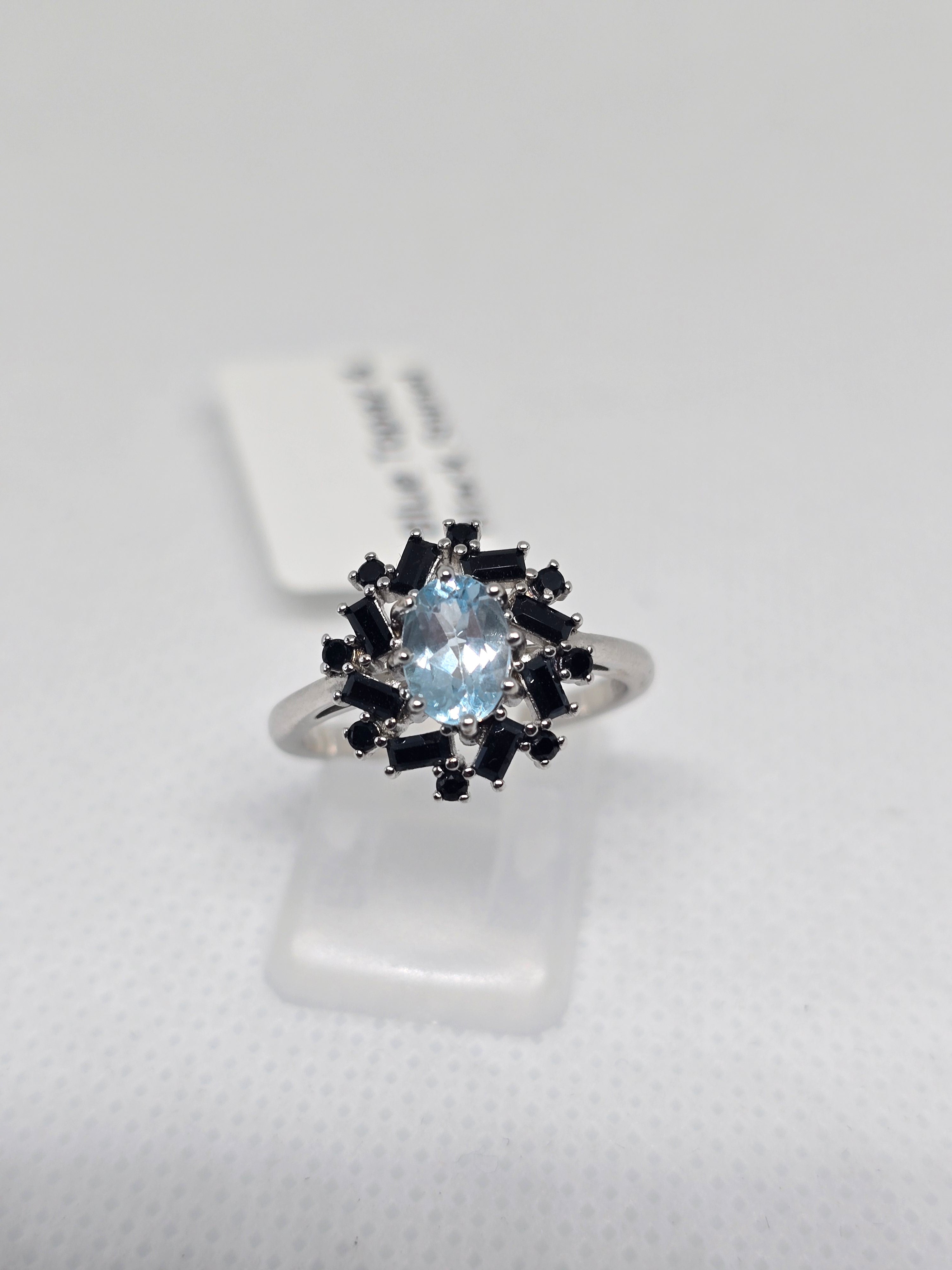 Blue Topaz & Black Spinel Starburst Halo Ring in S925 Silver