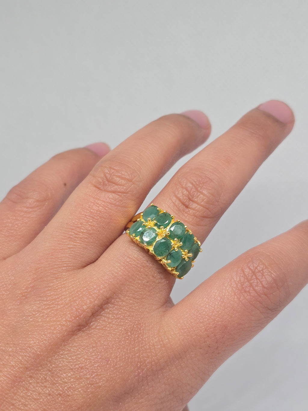 Natural Emerald Double-Row Cluster Ring – S925 Yellow Gold Plated