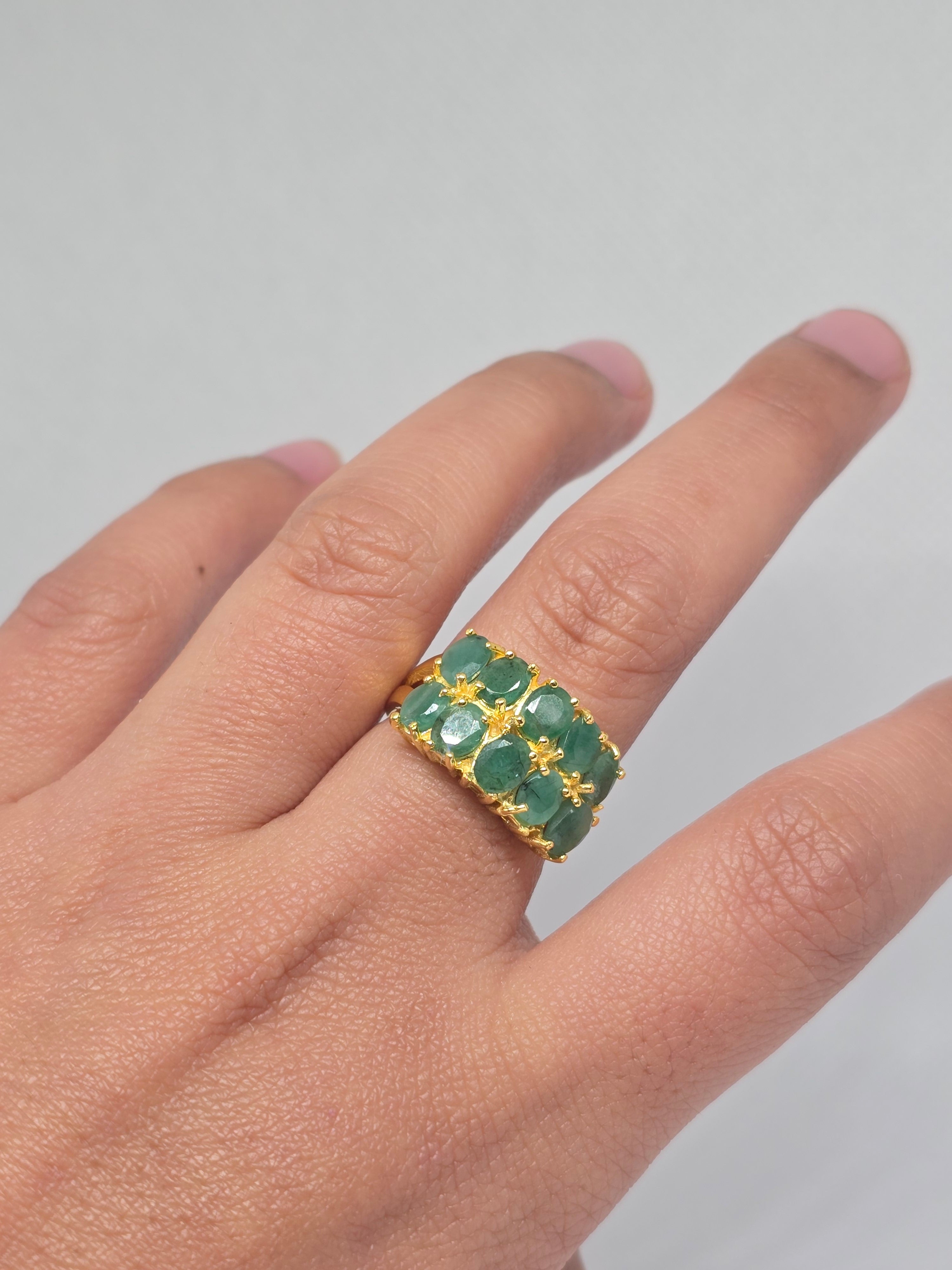 Natural Emerald Double-Row Cluster Ring – S925 Yellow Gold Plated