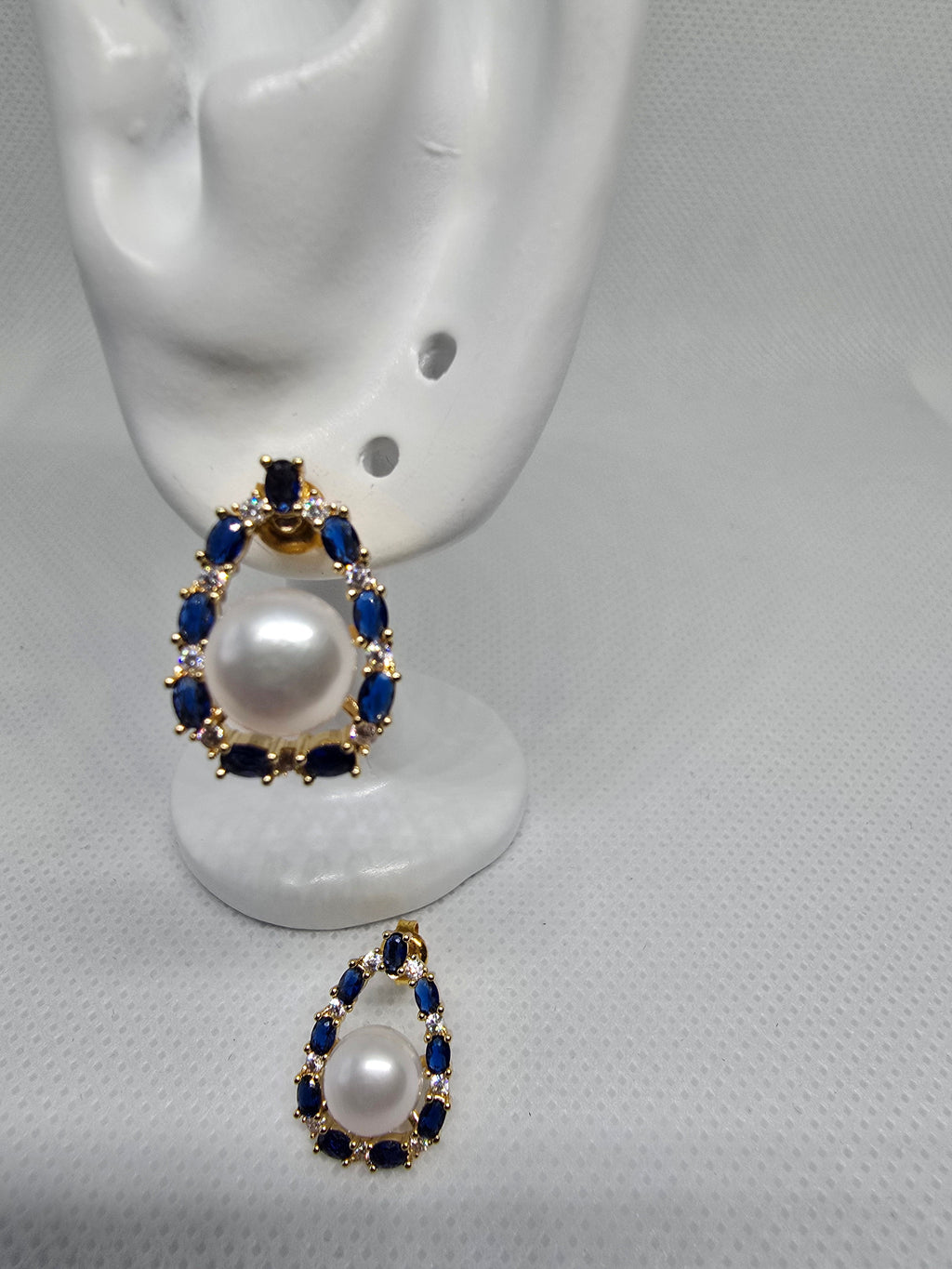 9.1mm Freshwater Pearl & Blue Sapphire Jewellery Set – Ring, Necklace & Earrings