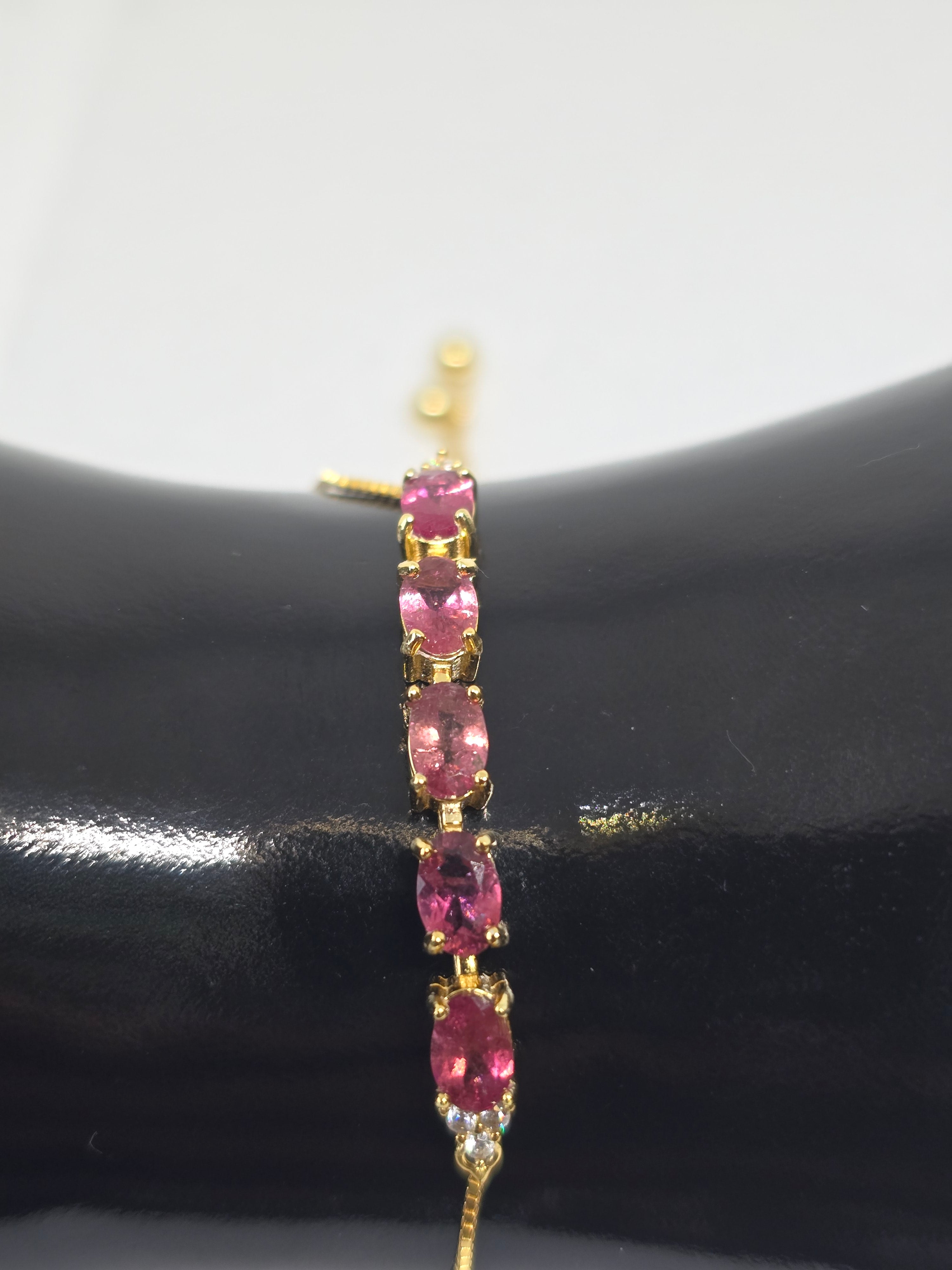 Natural Pink Tourmaline Adjustable Bolo Bracelet – S925 Yellow Gold Plated