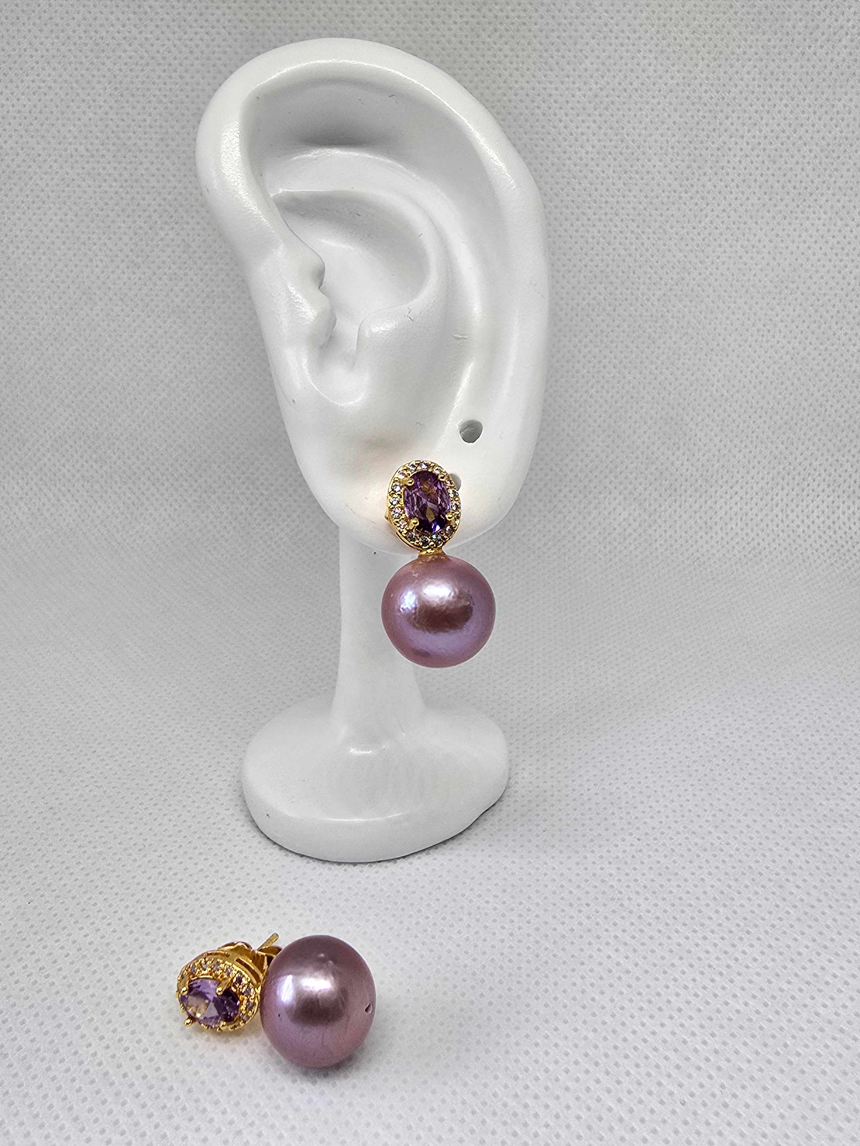 Authentic Edison Pearl & Amethyst Drop Earrings — 5 Micron Gold