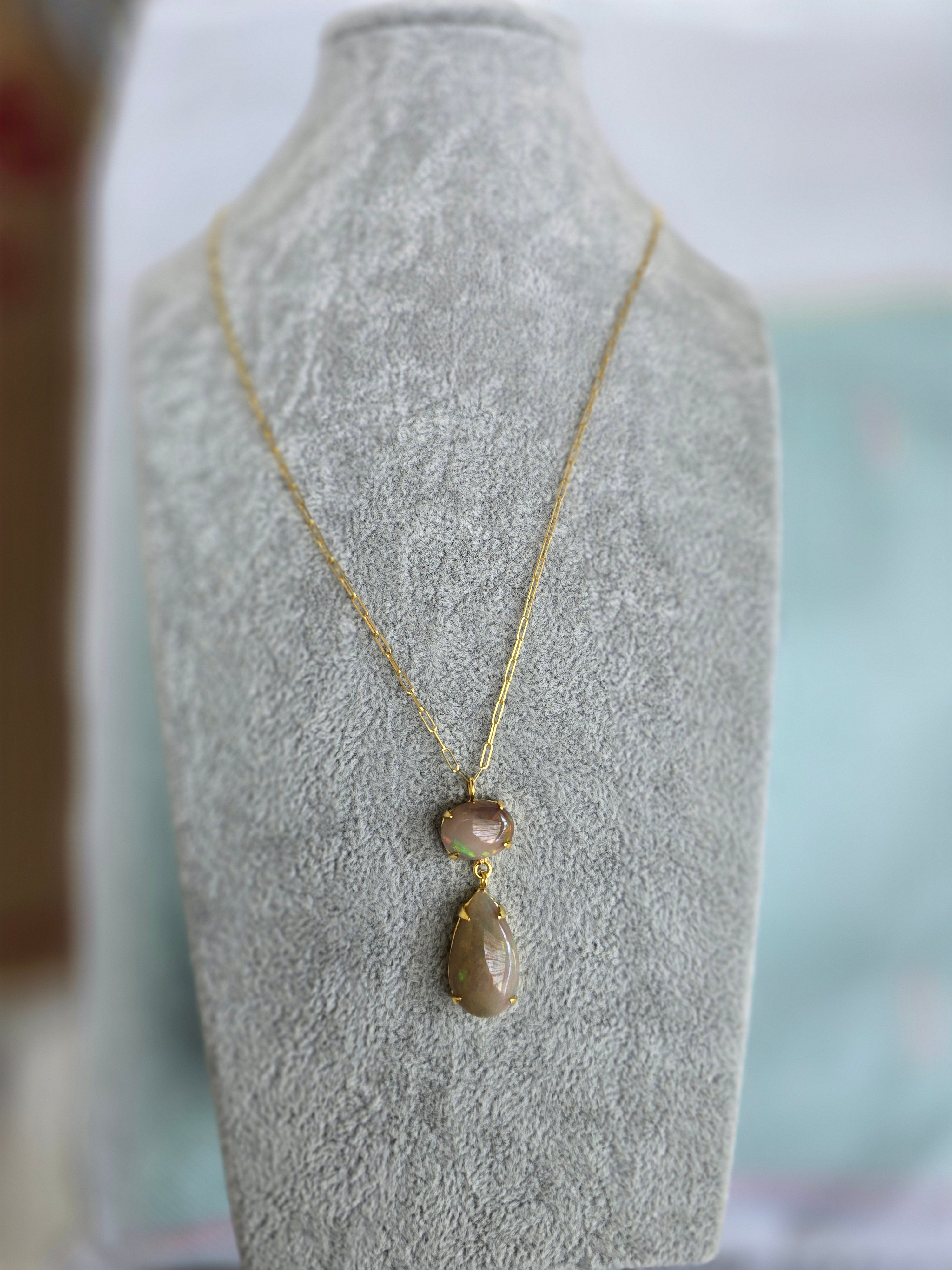 Ethiopian Opal Double Drop Necklace | S925 Yellow Gold Setting