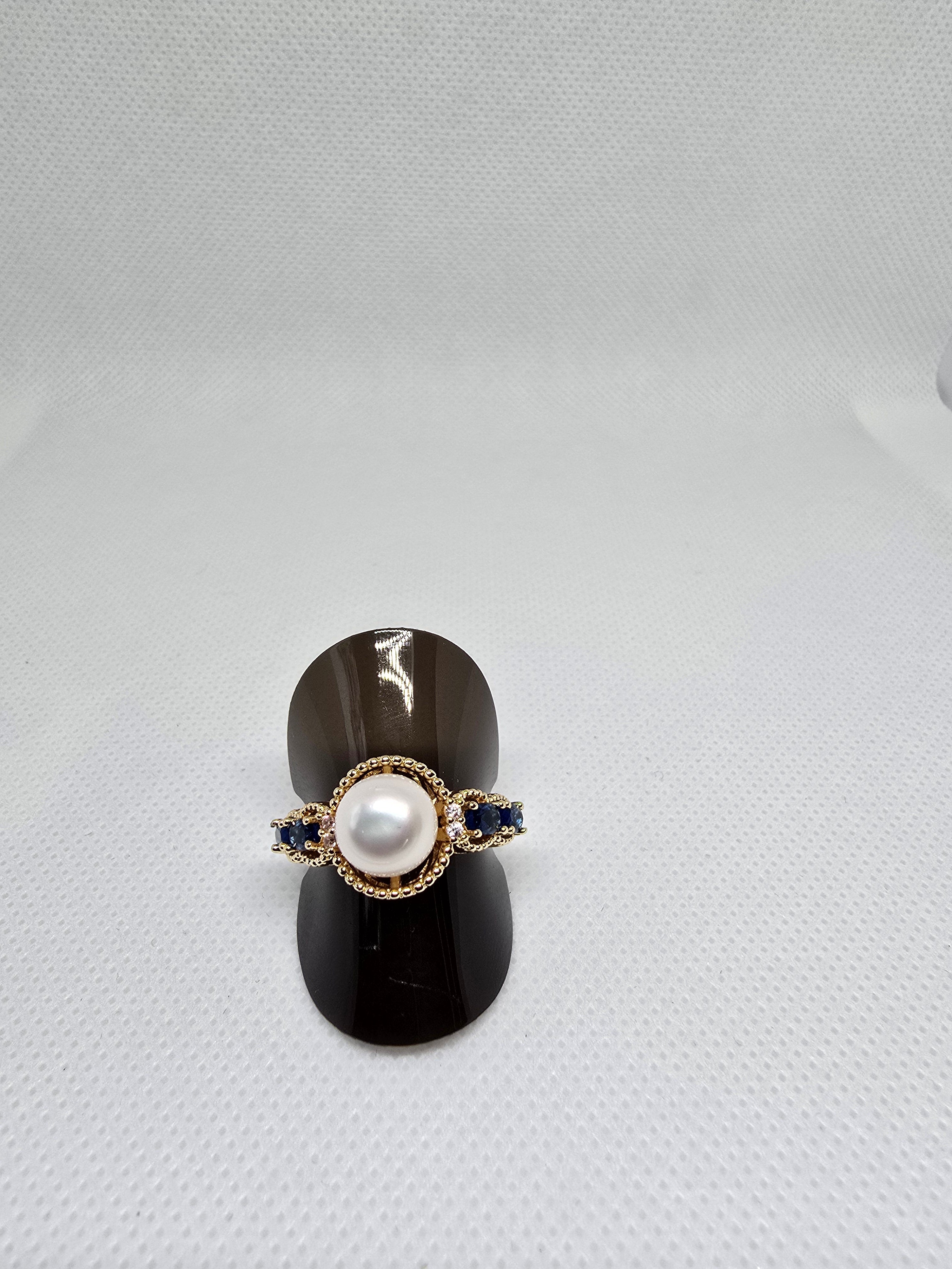 9.1mm Freshwater Pearl & Blue Sapphire Jewellery Set – Ring, Necklace & Earrings