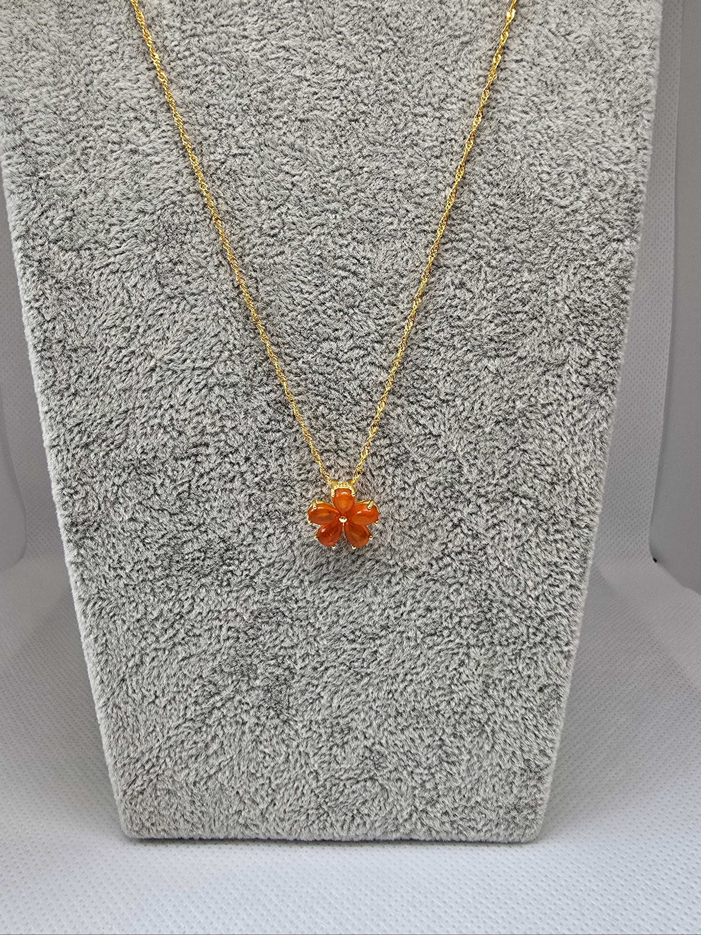Natural Orange Opal Flower Pendant — S925 Yellow Gold