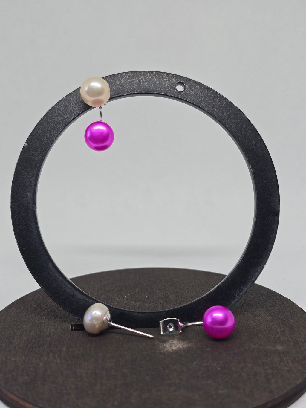 Double Pearl Drop Earrings — White & Fuchsia Freshwater Pearl