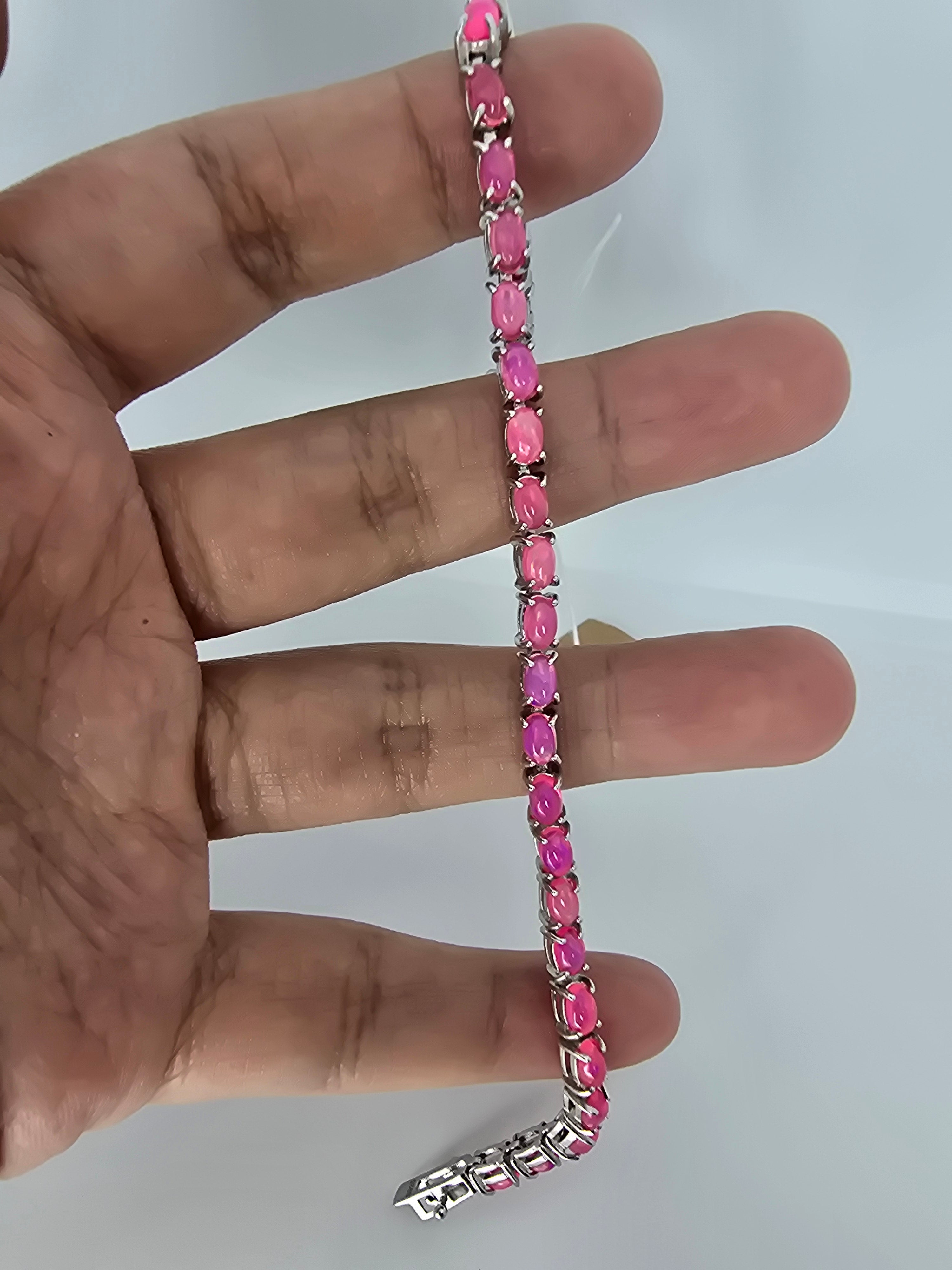 Pink Opal Tennis Bracelet | S925 Sterling Silver | 30 Stones | 7 in.
