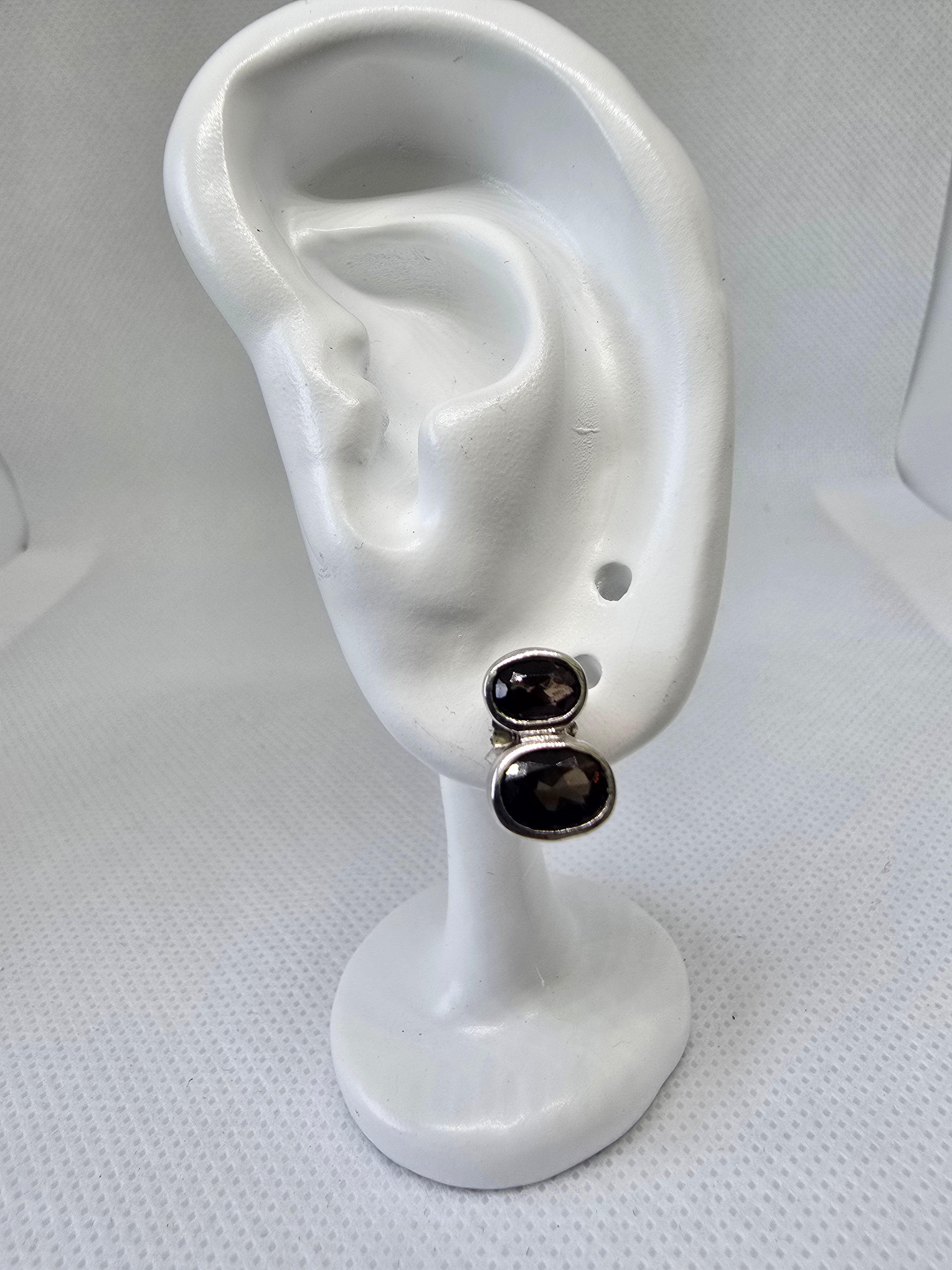 Smoky Quartz Double Oval Stud Earrings in S925 Silver