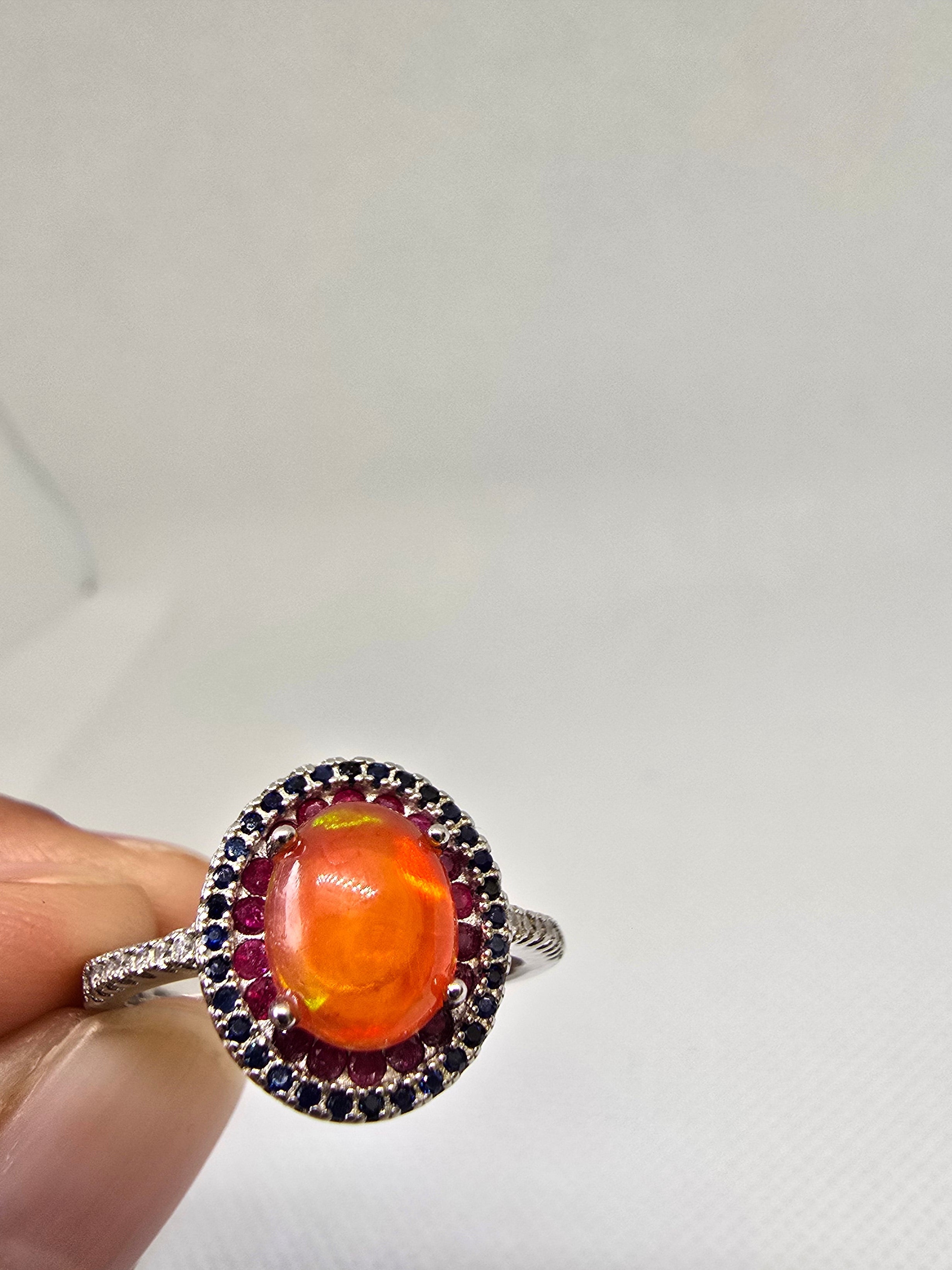 Natural Orange Fire Opal & Ruby Ring S925
