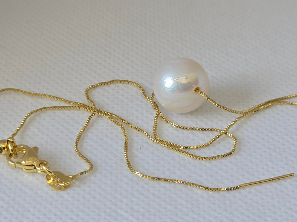 White Edison Pearl Floating Necklace | Adjustable S925 Bolo Box Chain