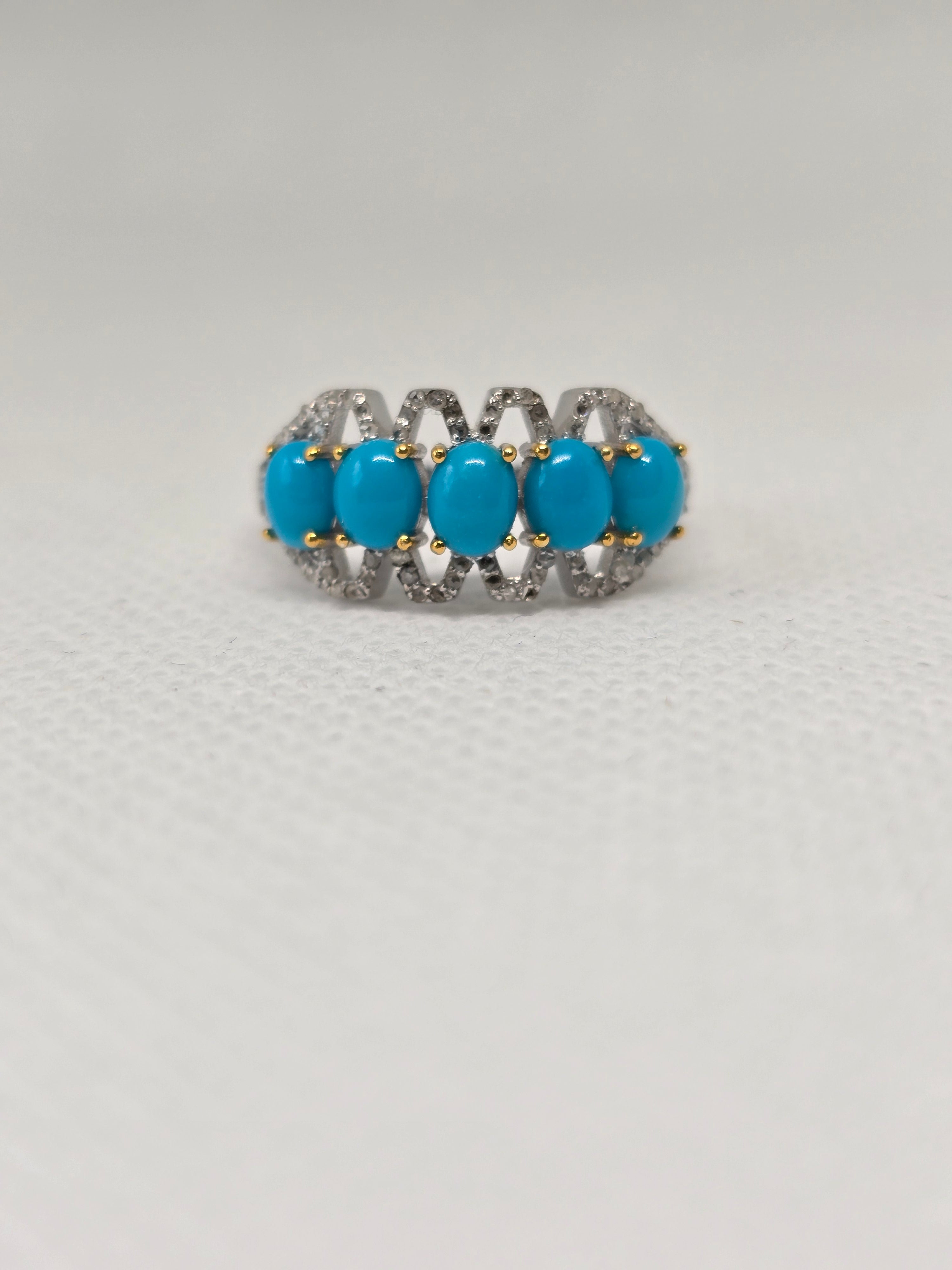 Natural Turquoise & Diamond Five-Stone Ring – S925 Sterling Silver | AGA Certified