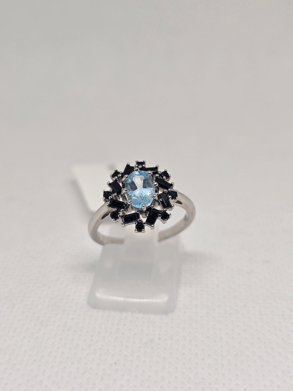 Blue Topaz & Black Spinel Starburst Halo Ring in S925 Silver