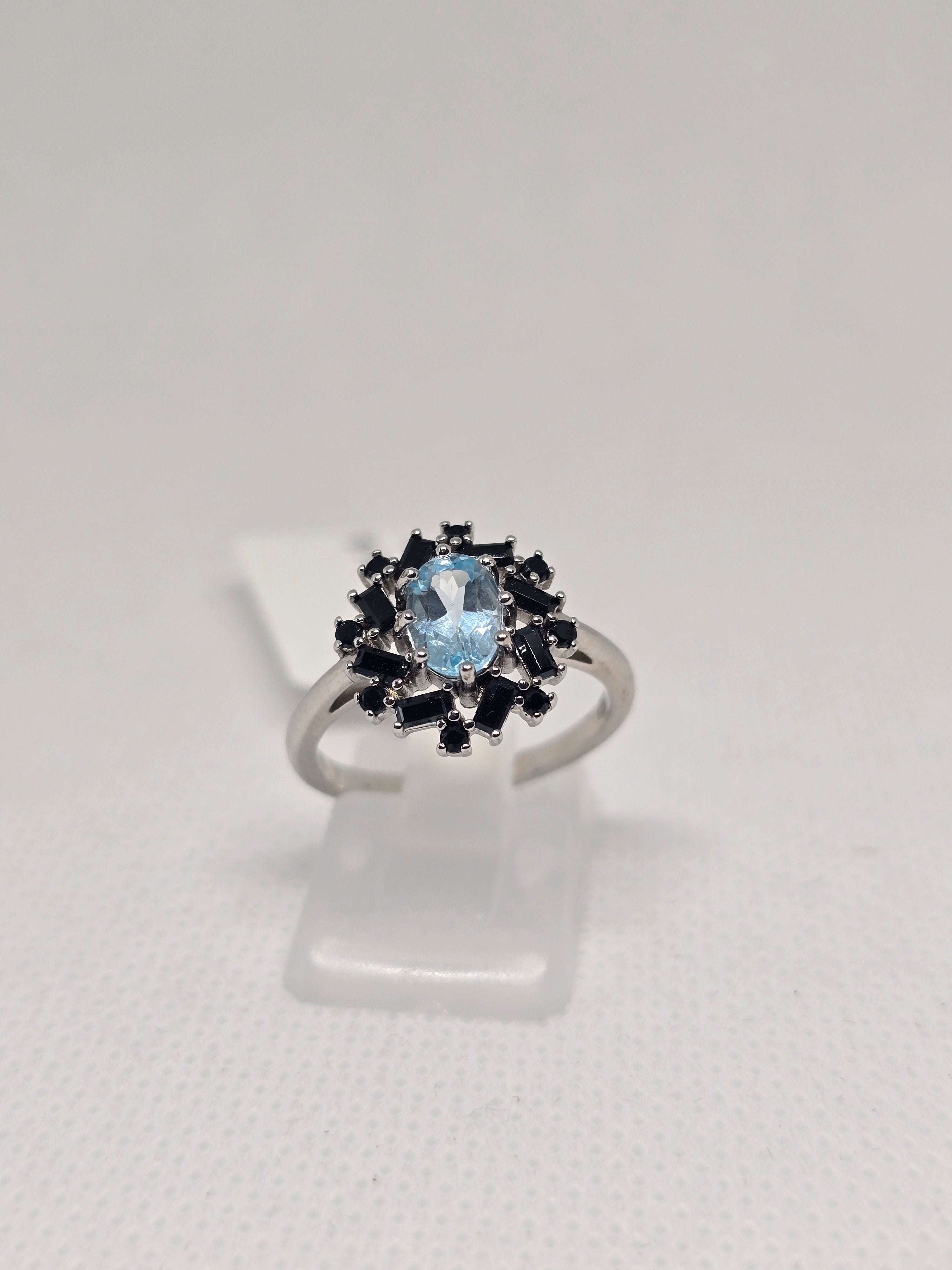 Blue Topaz & Black Spinel Starburst Halo Ring in S925 Silver