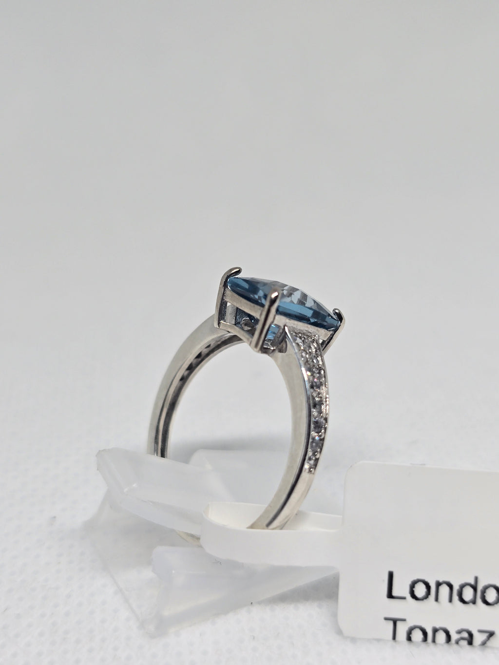 London Blue Topaz Cushion Cut Ring with White Topaz Pavé in S925 Silver