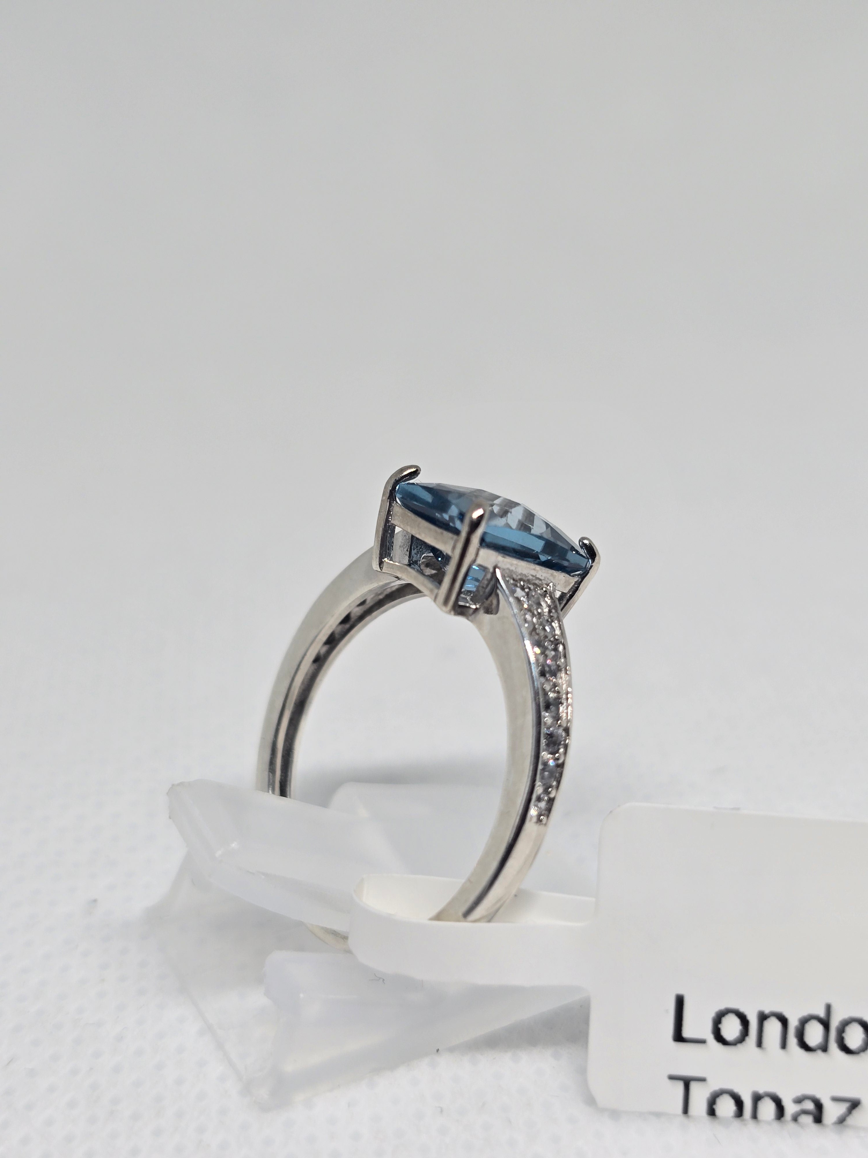 London Blue Topaz Cushion Cut Ring with White Topaz Pavé in S925 Silver