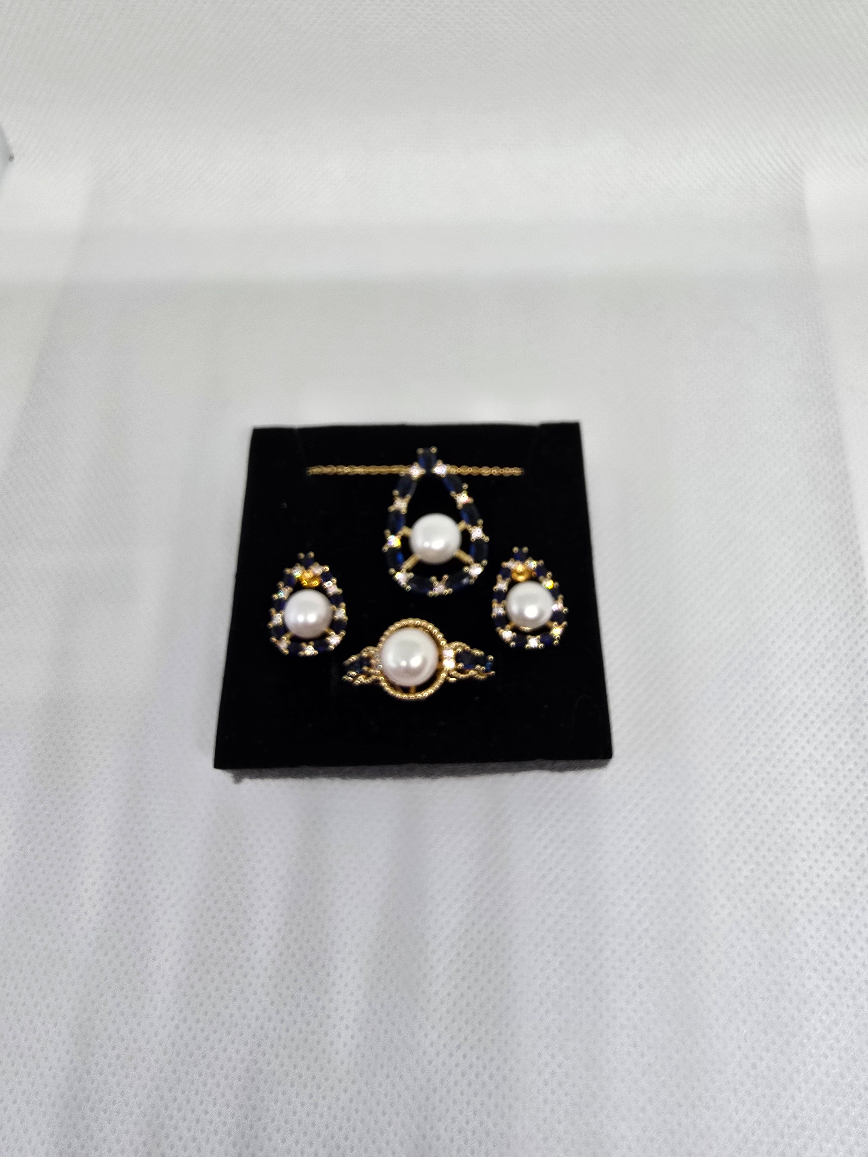 9.1mm Freshwater Pearl & Blue Sapphire Jewellery Set – Ring, Necklace & Earrings