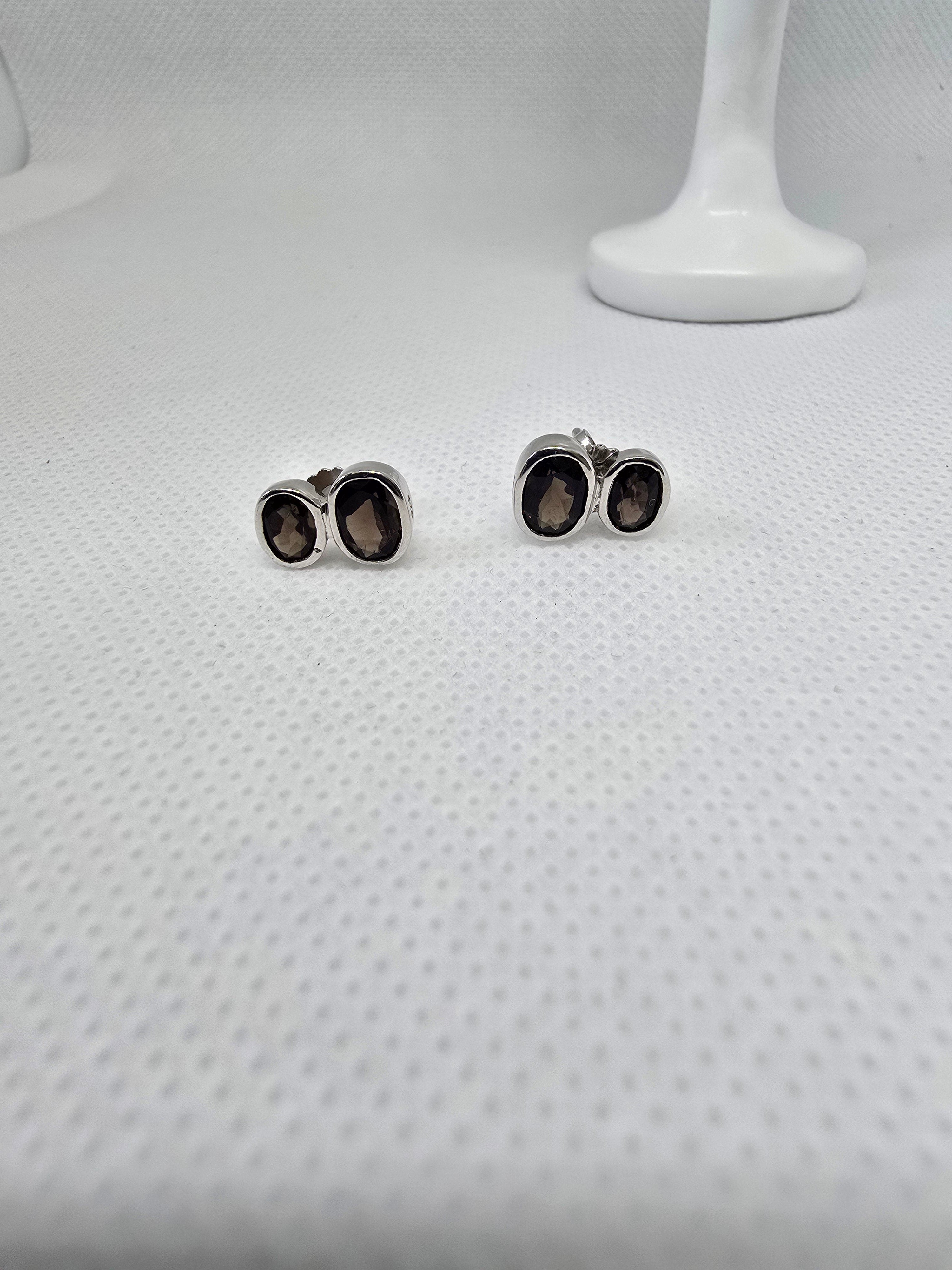 Smoky Quartz Double Oval Stud Earrings in S925 Silver