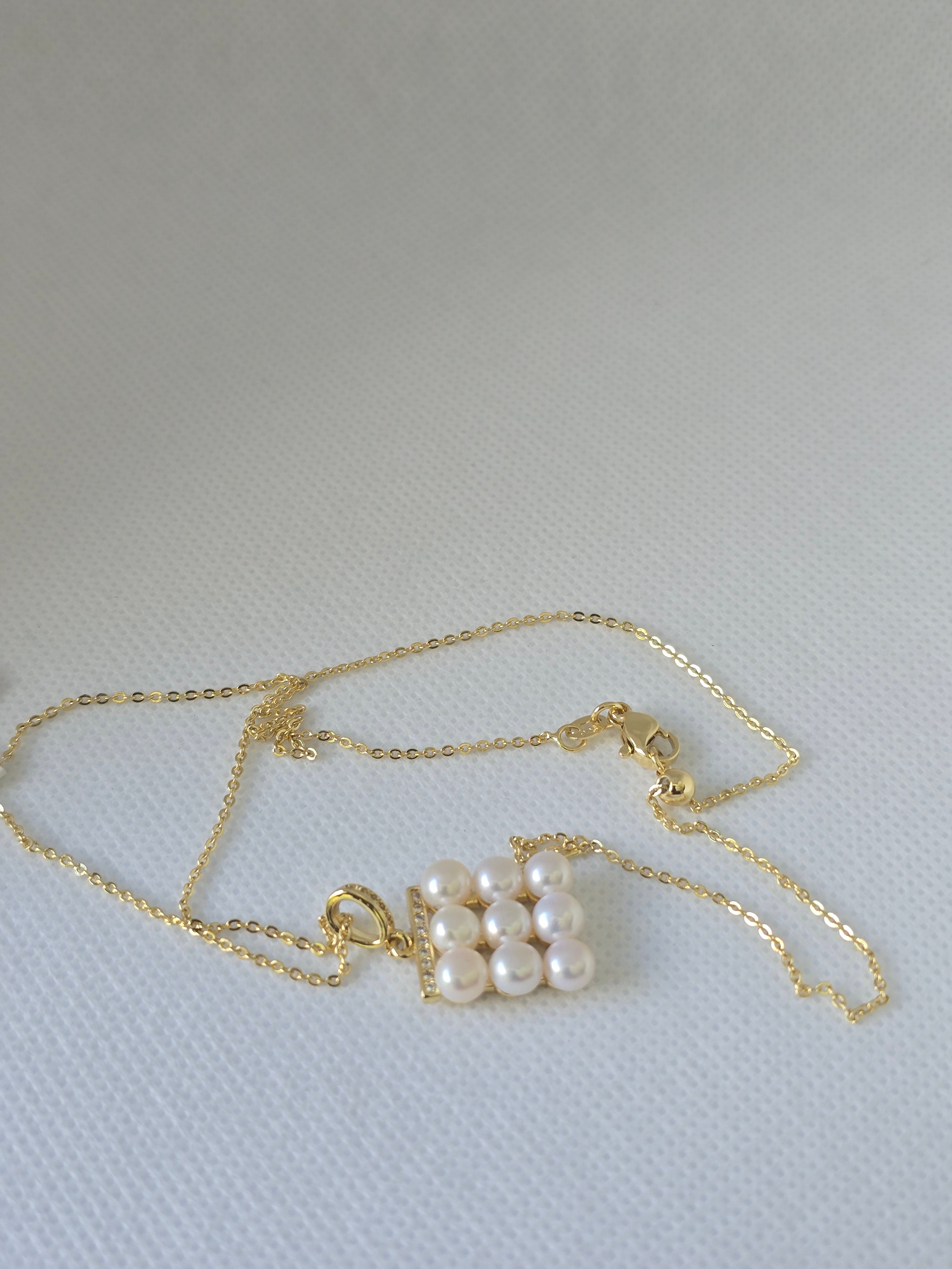 Freshwater Pearl Grid Pendant Necklace | Adjustable Bolo S925 Chain