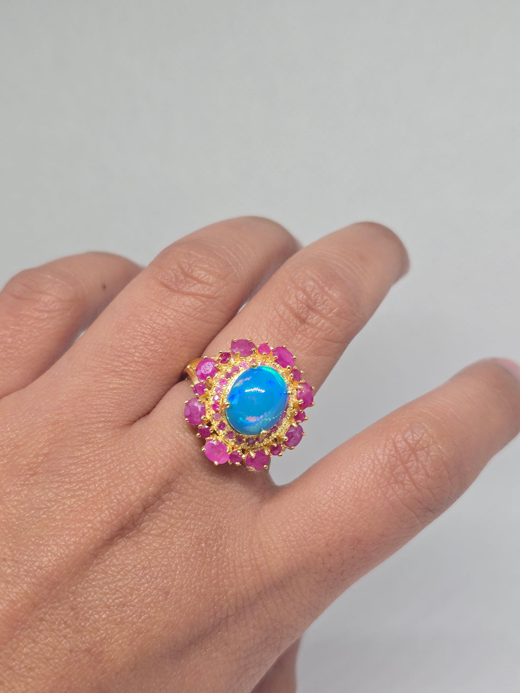 Blue Opal & Ruby Halo Ring – S925 Yellow Gold Plated