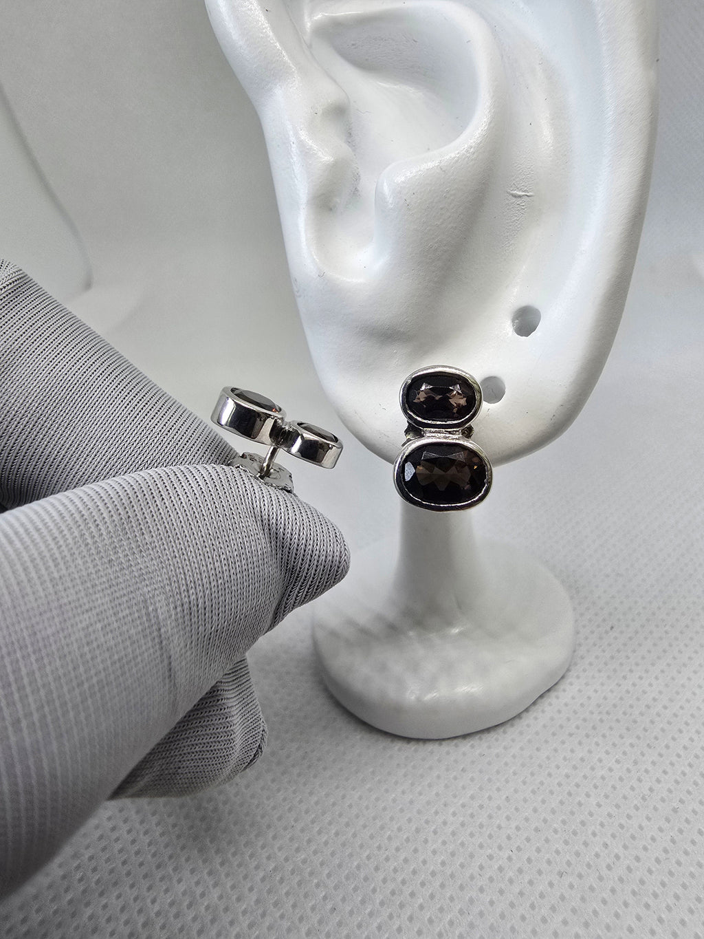 Smoky Quartz Double Oval Stud Earrings in S925 Silver