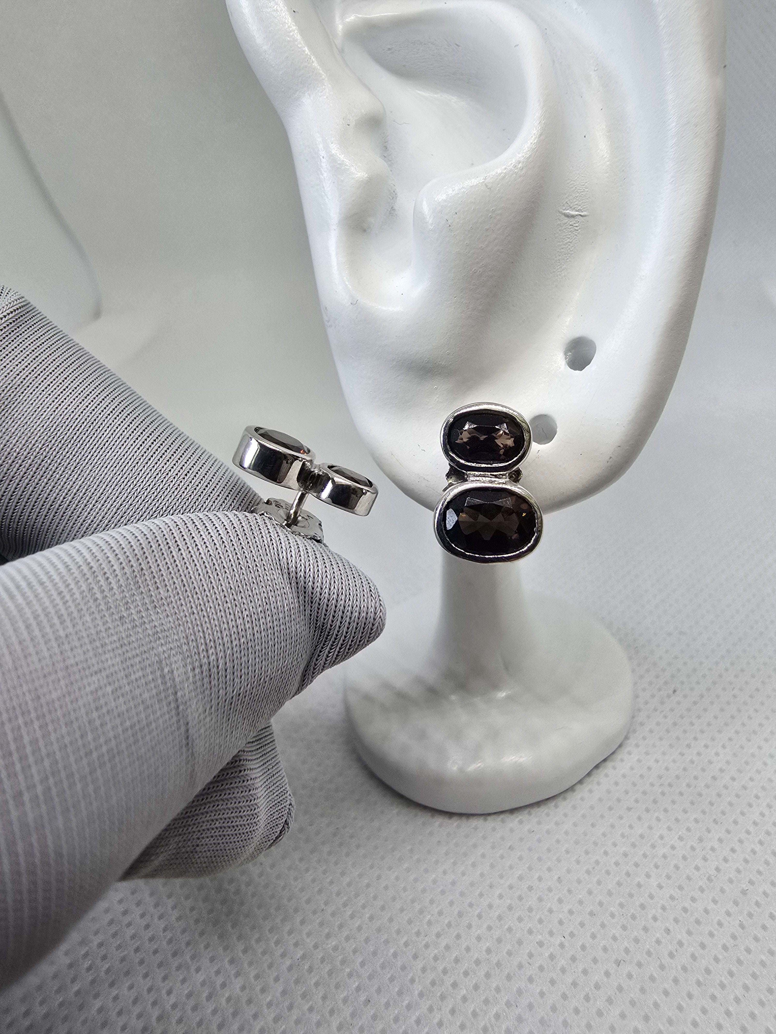Smoky Quartz Double Oval Stud Earrings in S925 Silver