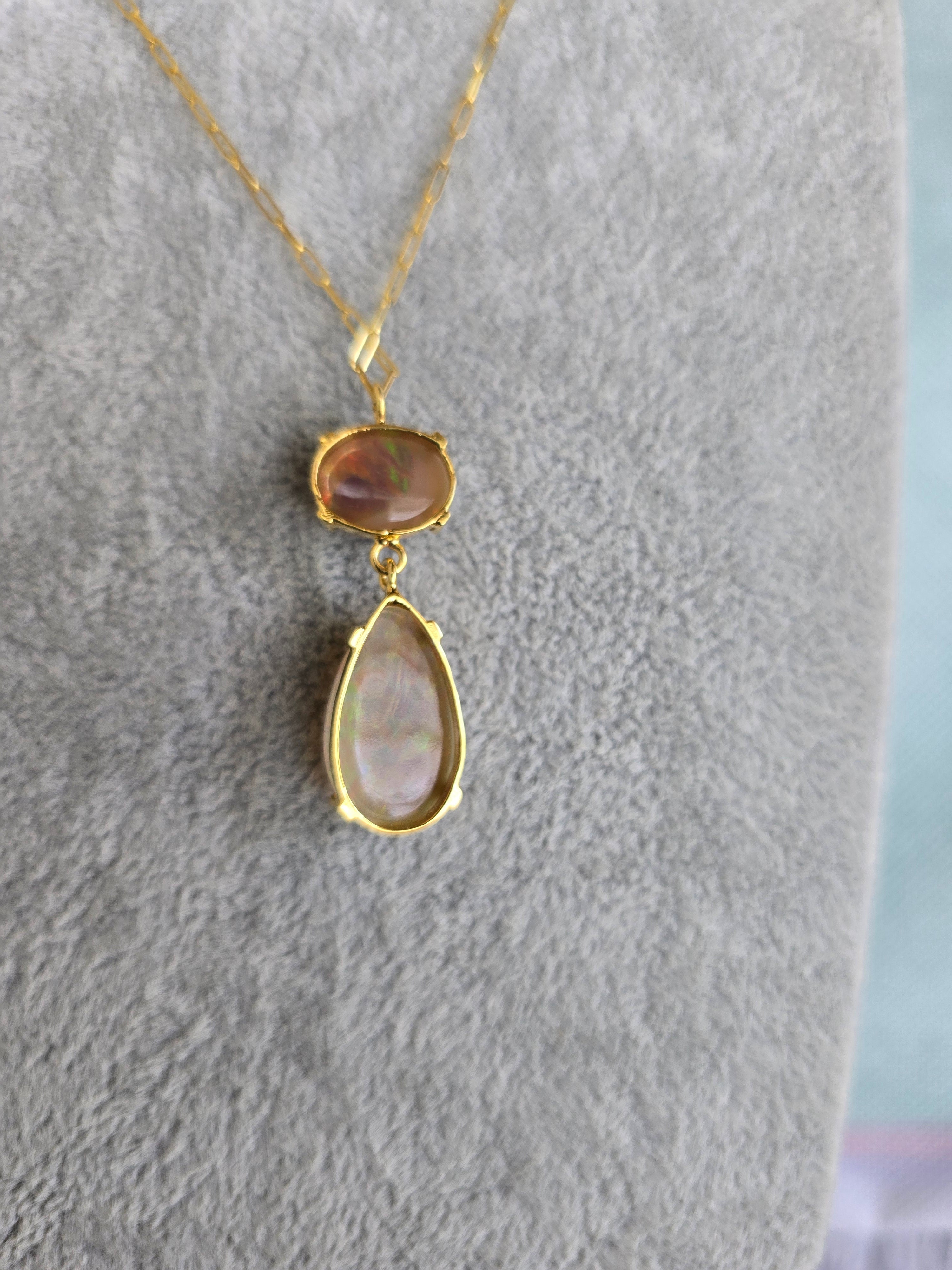 Ethiopian Opal Double Drop Necklace | S925 Yellow Gold Setting