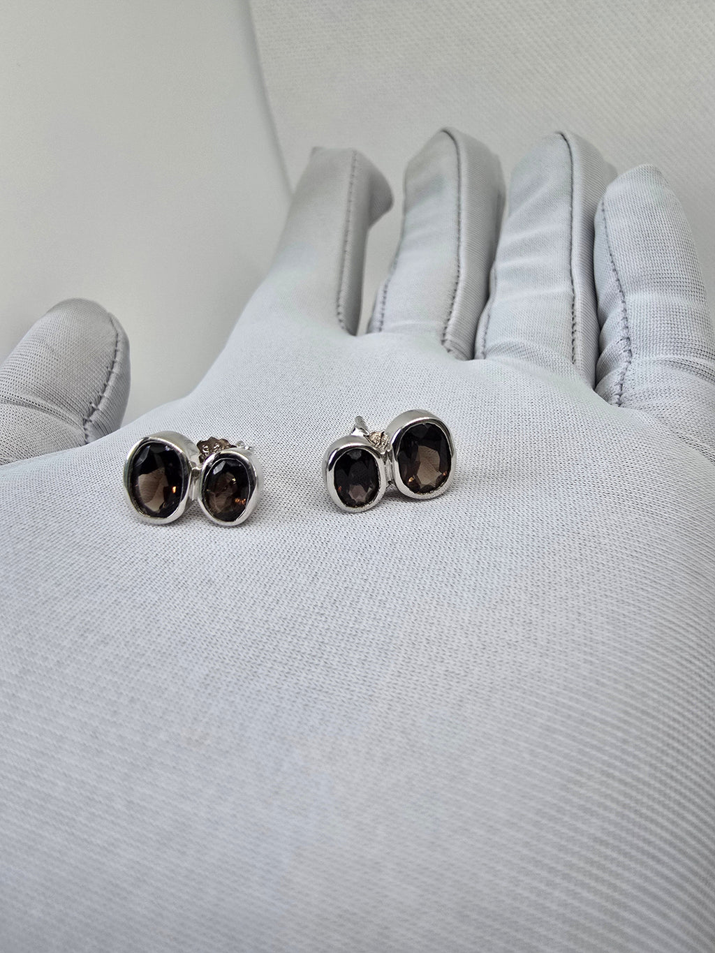 Smoky Quartz Double Oval Stud Earrings in S925 Silver