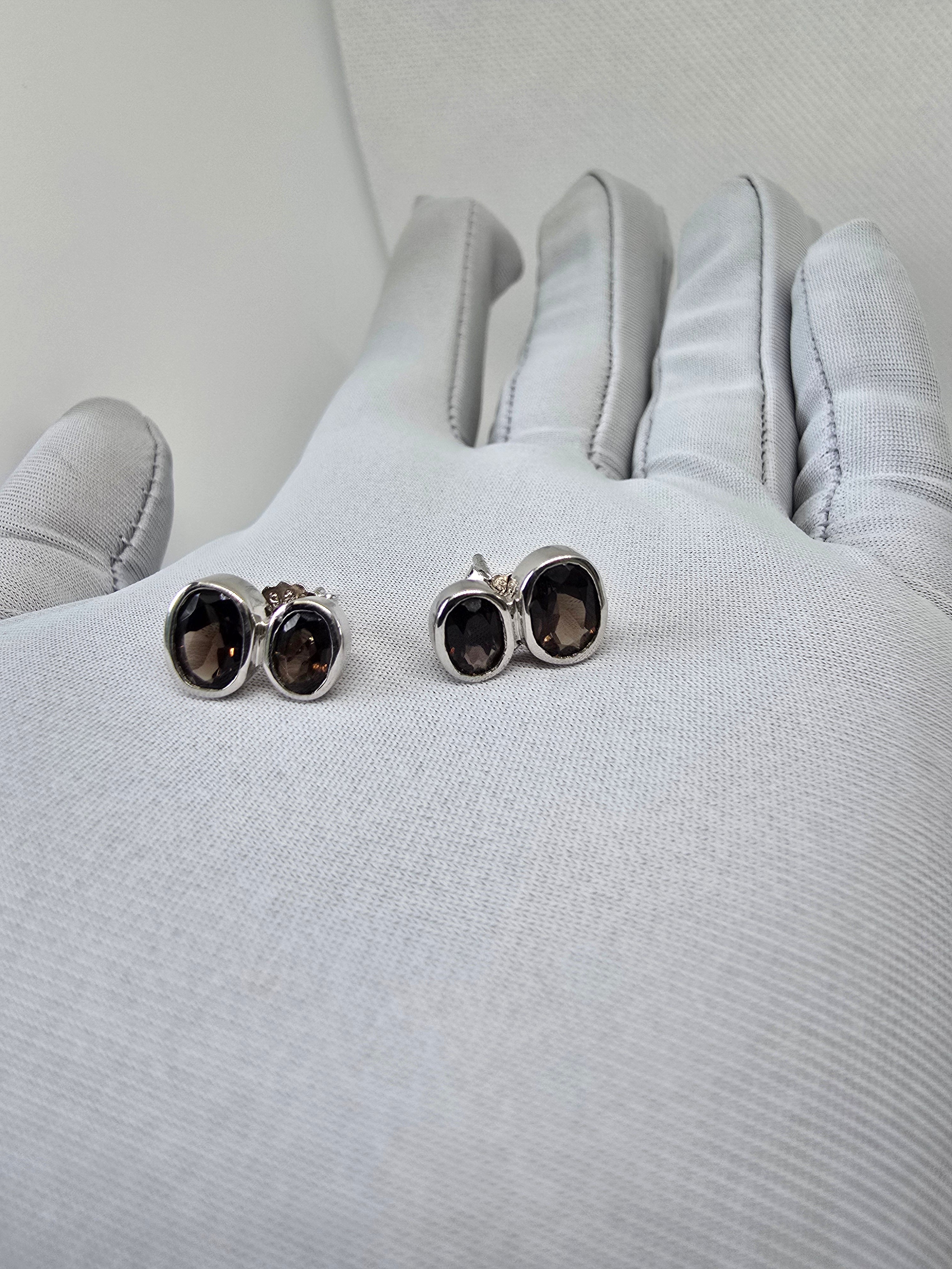 Smoky Quartz Double Oval Stud Earrings in S925 Silver
