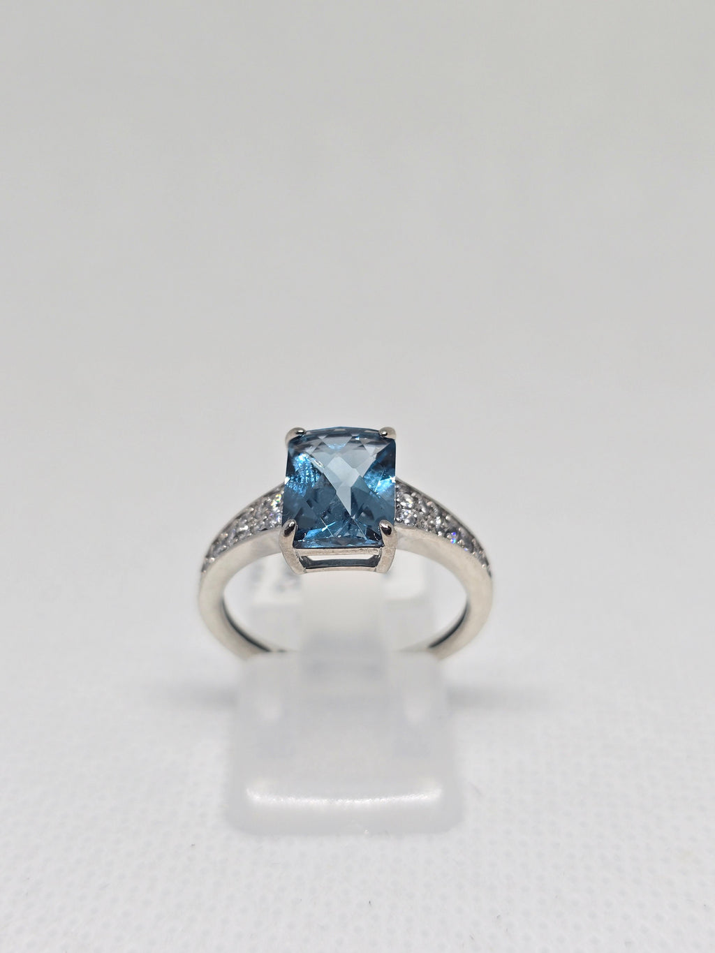 London Blue Topaz Cushion Cut Ring with White Topaz Pavé in S925 Silver