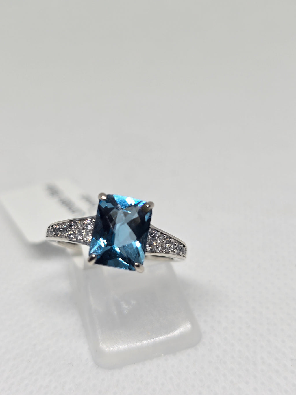 London Blue Topaz Cushion Cut Ring with White Topaz Pavé in S925 Silver
