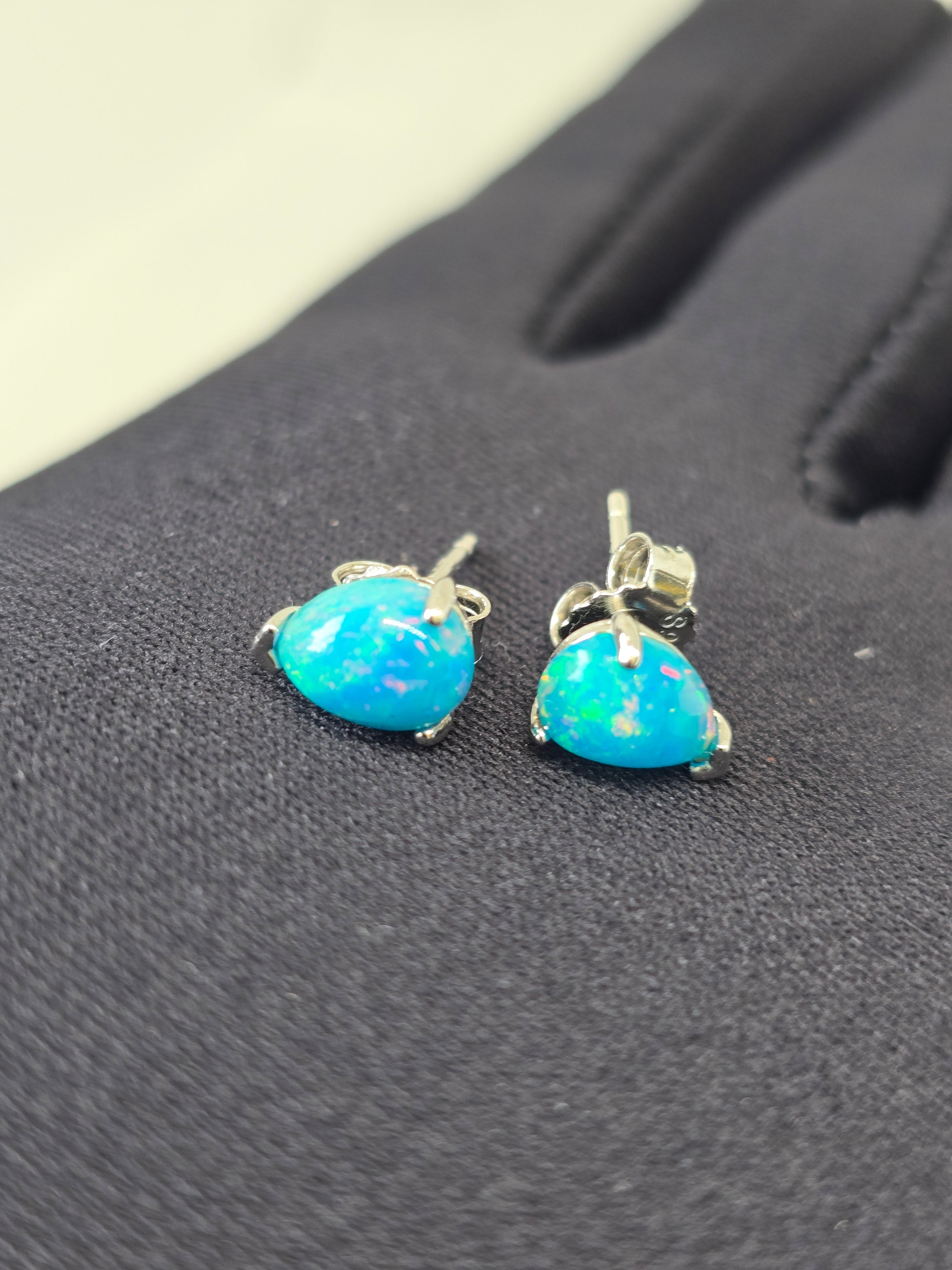 Blue Opal Teardrop Stud Earrings – S925 Sterling Silver