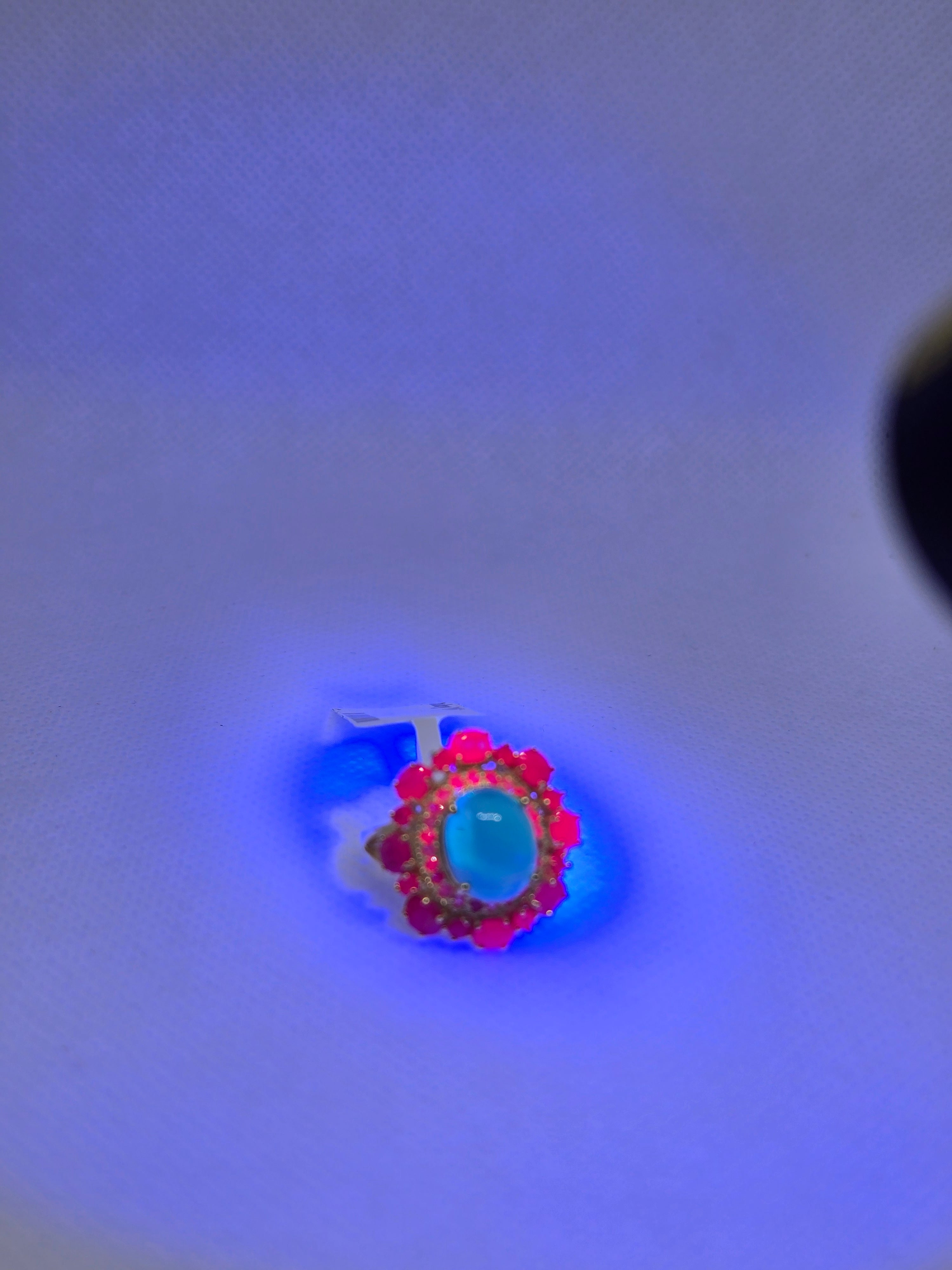 Blue Opal & Ruby Halo Ring – S925 Yellow Gold Plated