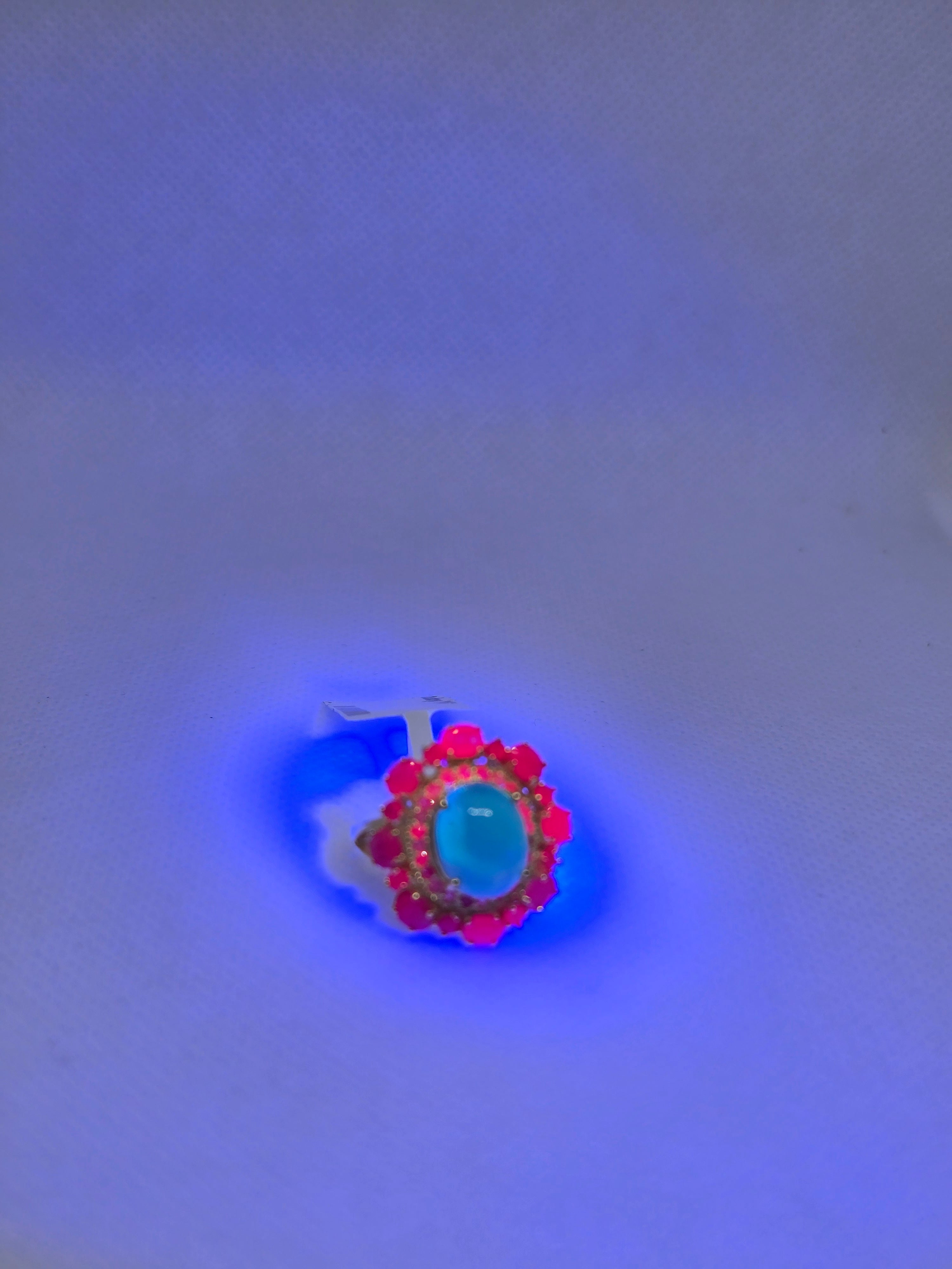 Blue Opal & Ruby Halo Ring – S925 Yellow Gold Plated