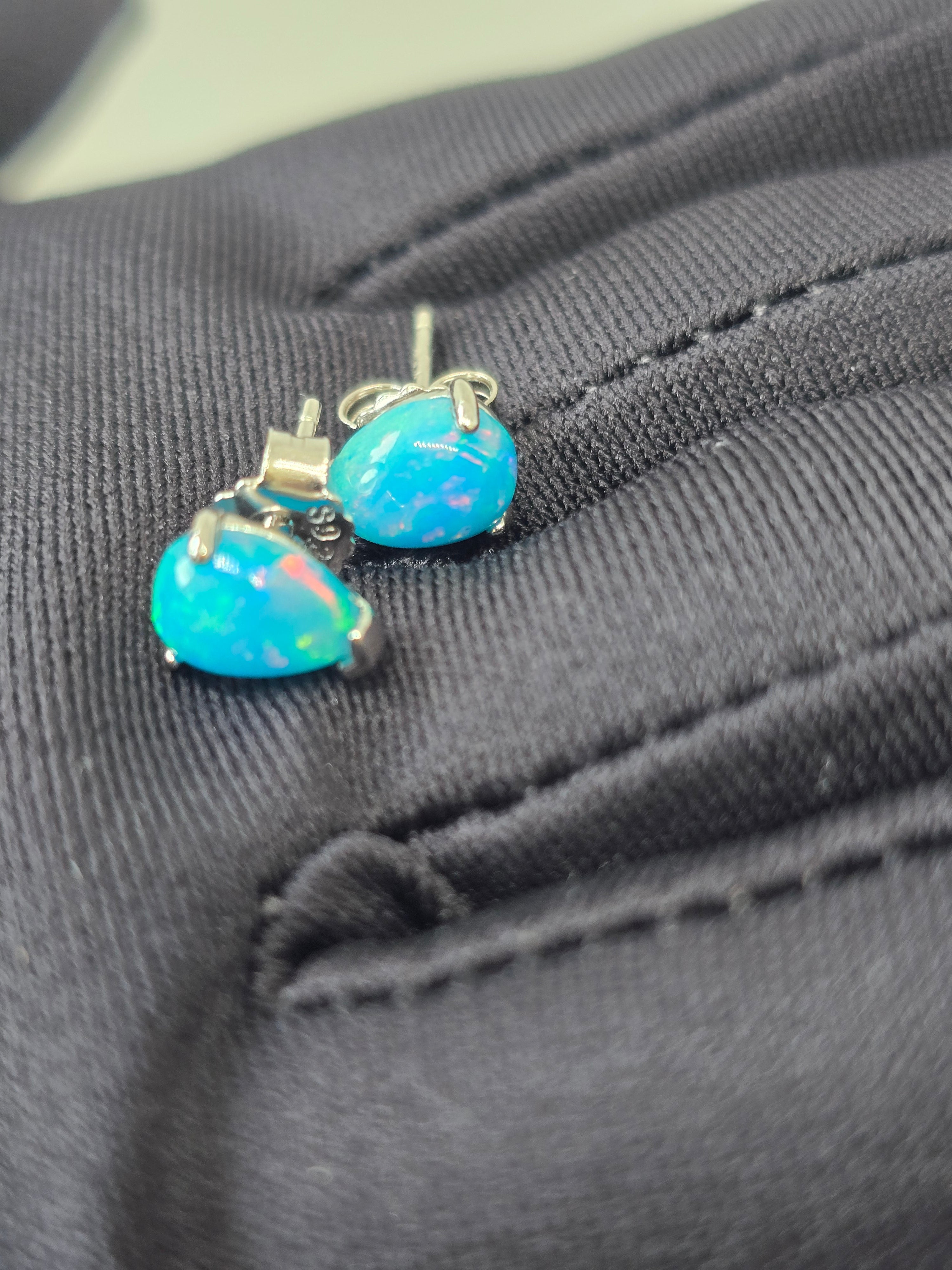 Blue Opal Teardrop Stud Earrings – S925 Sterling Silver