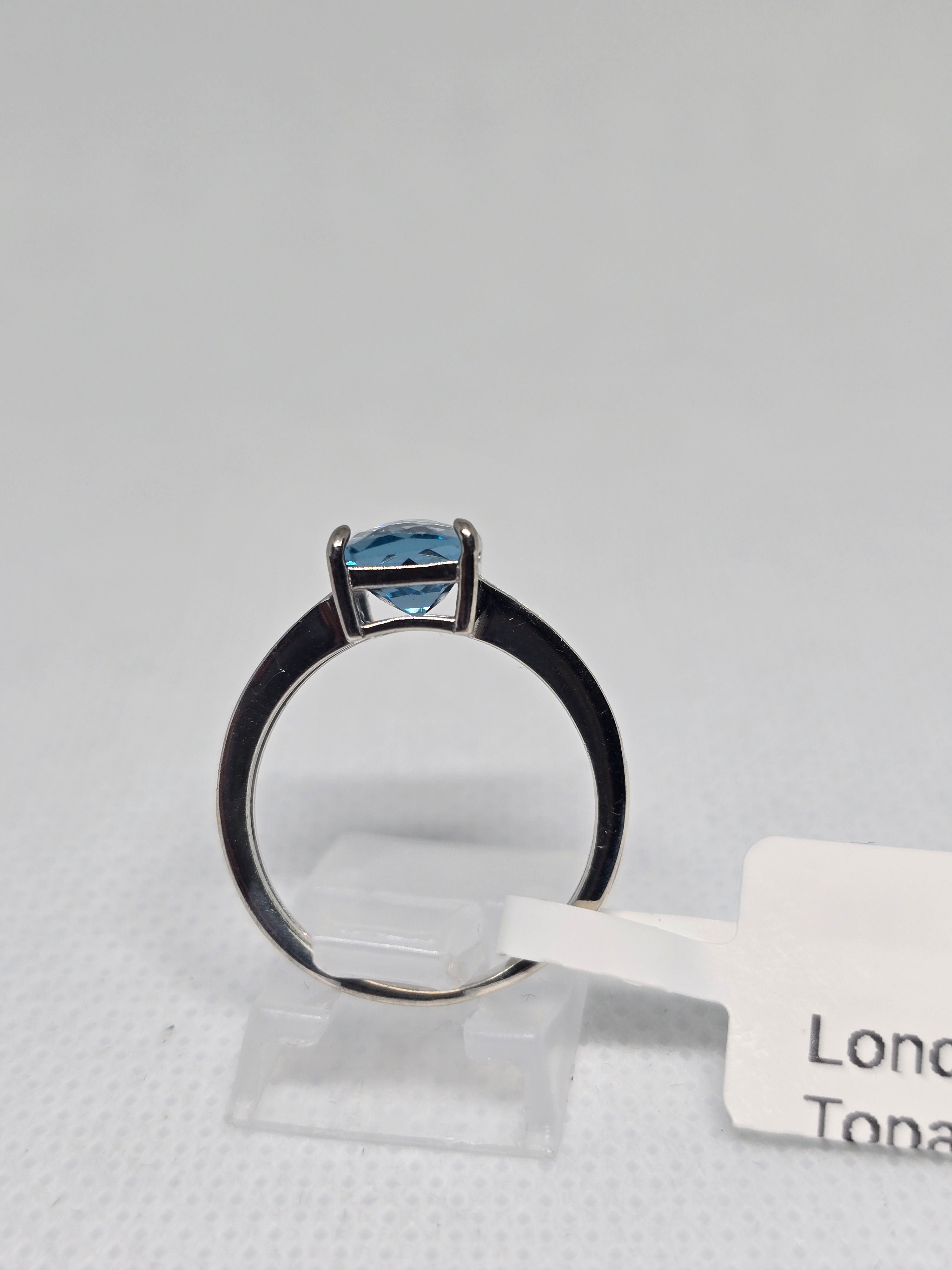 London Blue Topaz Cushion Cut Ring with White Topaz Pavé in S925 Silver